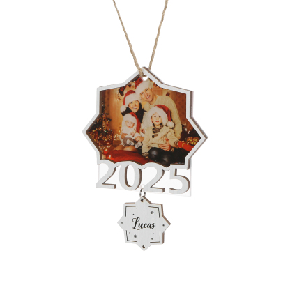 Personalisierter Foto-Stern Christbaumanhänger, mit Datum und 1-4 Namen aus Holz & Acryl, Weihnachtsanhänger, Ornament