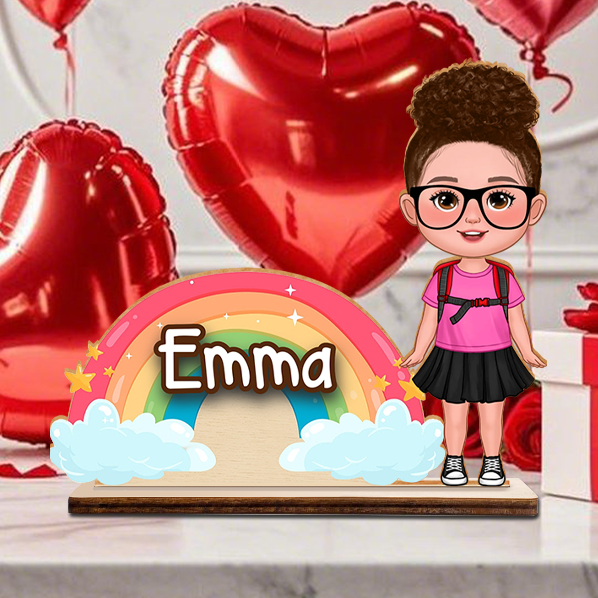Personalisierte Kinderfigur mit Namensschild Regenbogen Design Einschulung Geschenk für Mädchen