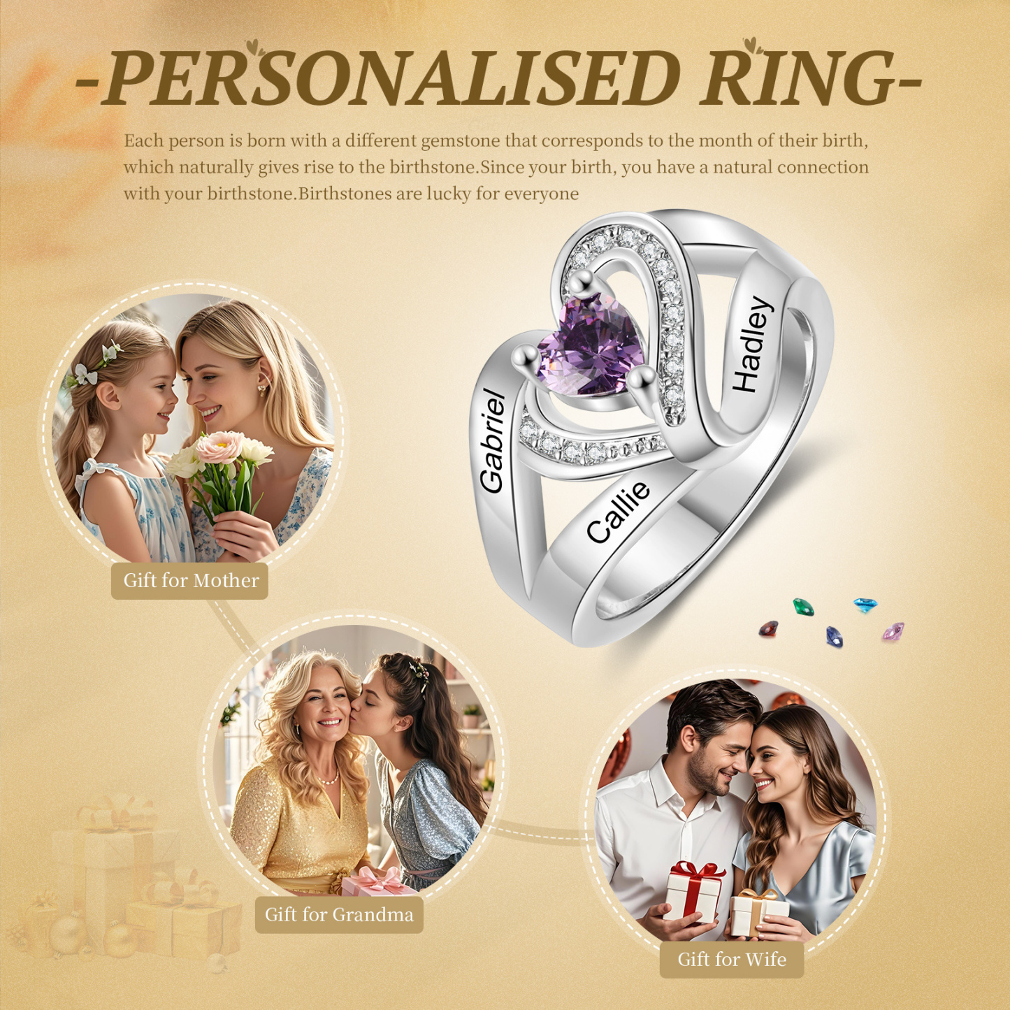 “Personalisierter Herzring für Damen mit 2–6 Namen & 1 Geburtsstein