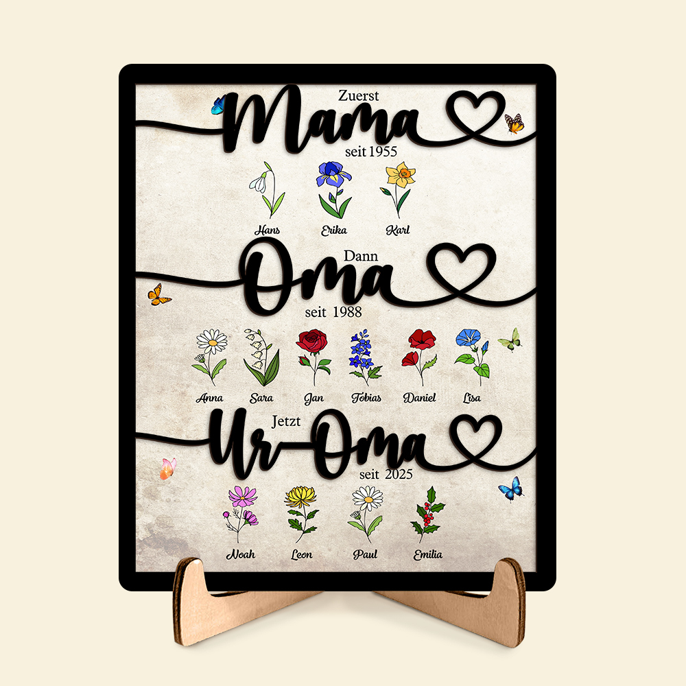 Personalisierte Familien-Holztafel „Erst Mama, dann Oma, jetzt Uroma“ Holzschild mit floralem Motiv