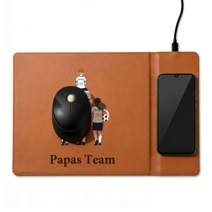 Personalisierte Schreibtischunterlage aus Leder mit kabelloser Ladefunktion „Papas Team“ mit 1 bis 8 Kinderfiguren und Namen