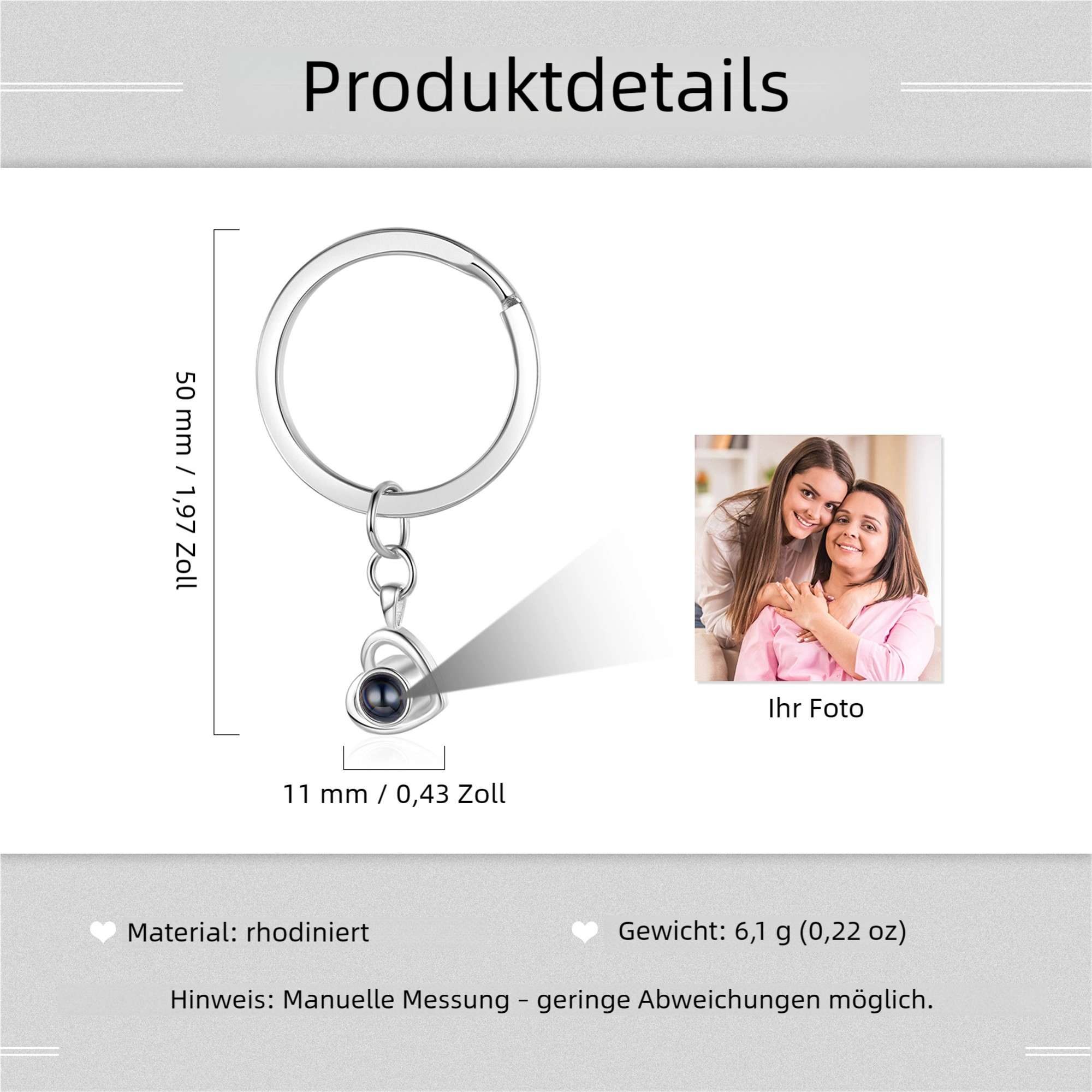 Personalisierter Schlüsselanhänger mit Herz und Projektionsfoto