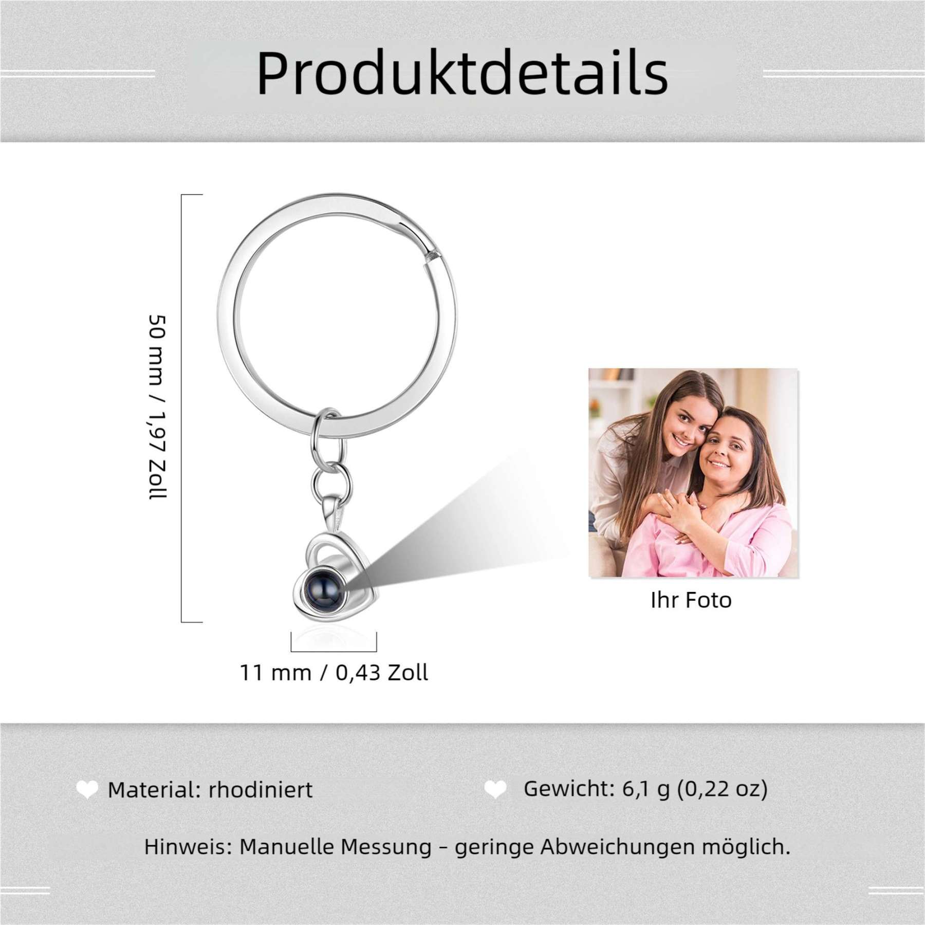 Personalisierter Schlüsselanhänger mit Herz und Projektionsfoto