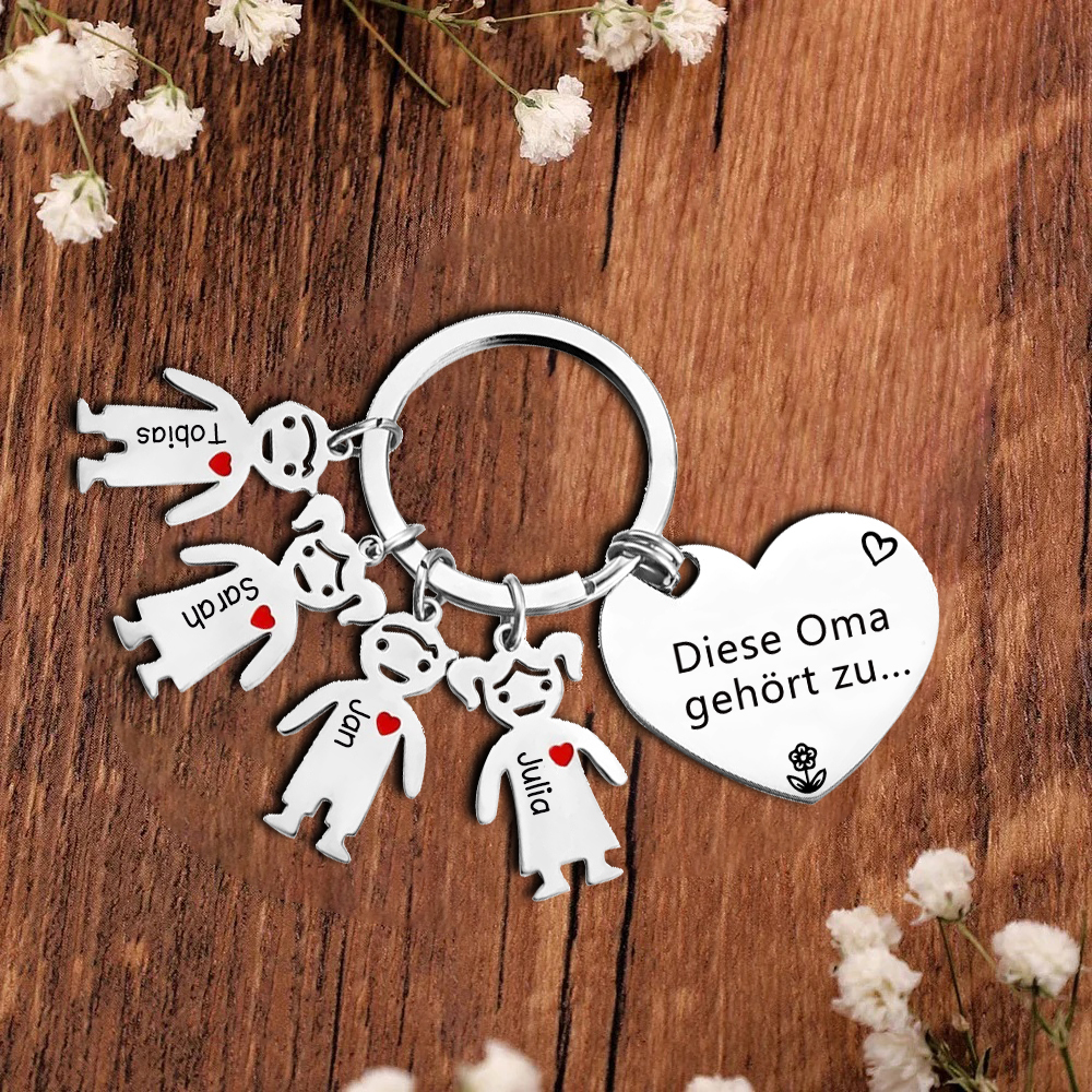 Personalisierte 4 Namen & Muster PU-Leder Portemonnaie & 4 Namen Herz Schlüsselanhänger -Diese tolle Oma gehört zu- Geldbörse & Schlüsselanhänger Geschenkbox Set für Oma Großmutter