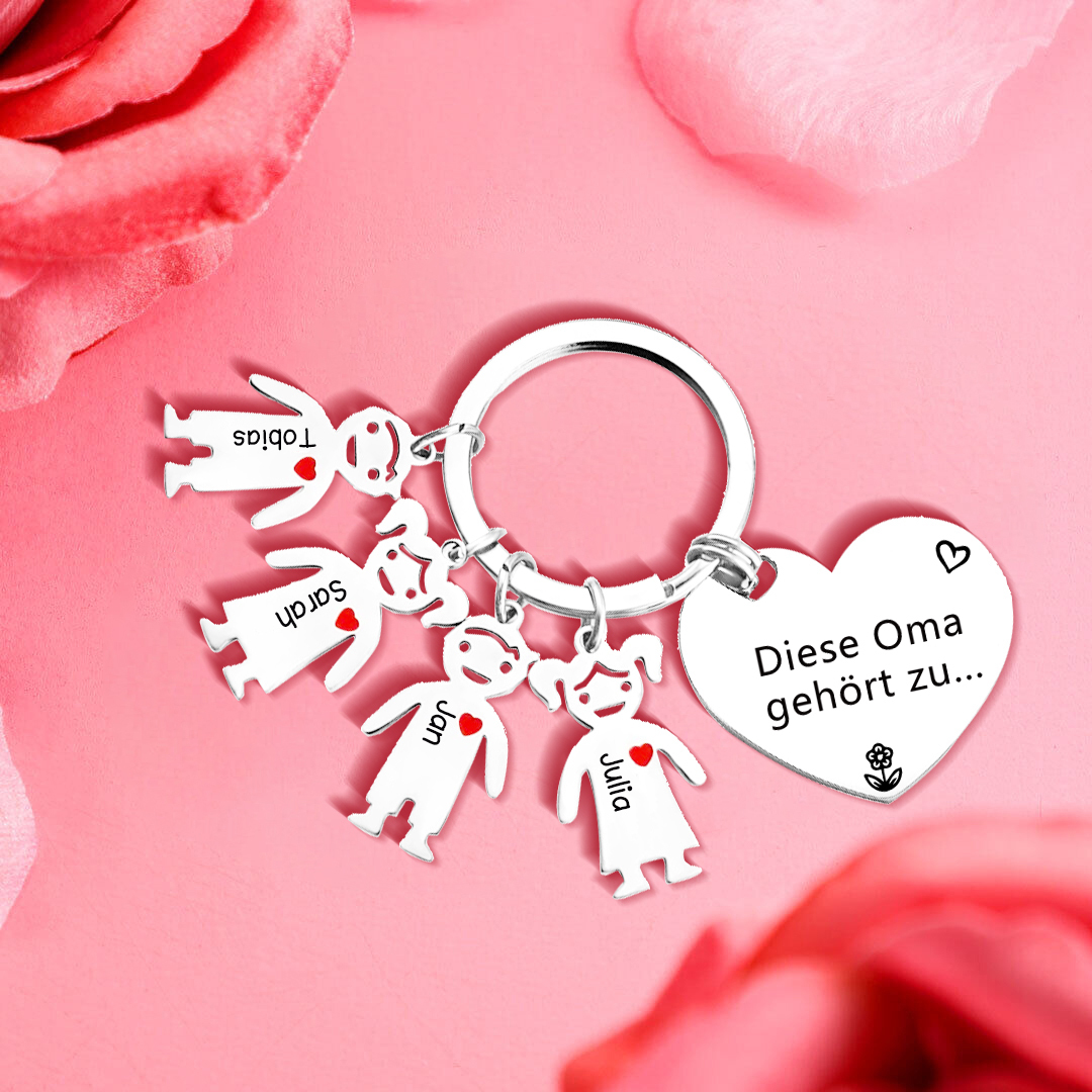 Personalisierte 4 Namen & Muster PU-Leder Portemonnaie & 4 Namen Herz Schlüsselanhänger -Diese tolle Oma gehört zu- Geldbörse & Schlüsselanhänger Geschenkbox Set für Oma Großmutter