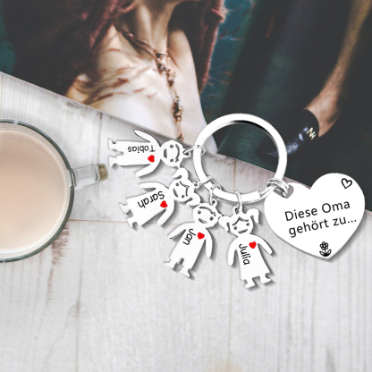 Personalisierte 4 Namen & Muster PU-Leder Portemonnaie & 4 Namen Herz Schlüsselanhänger -Diese tolle Oma gehört zu- Geldbörse & Schlüsselanhänger Geschenkbox Set für Oma Großmutter