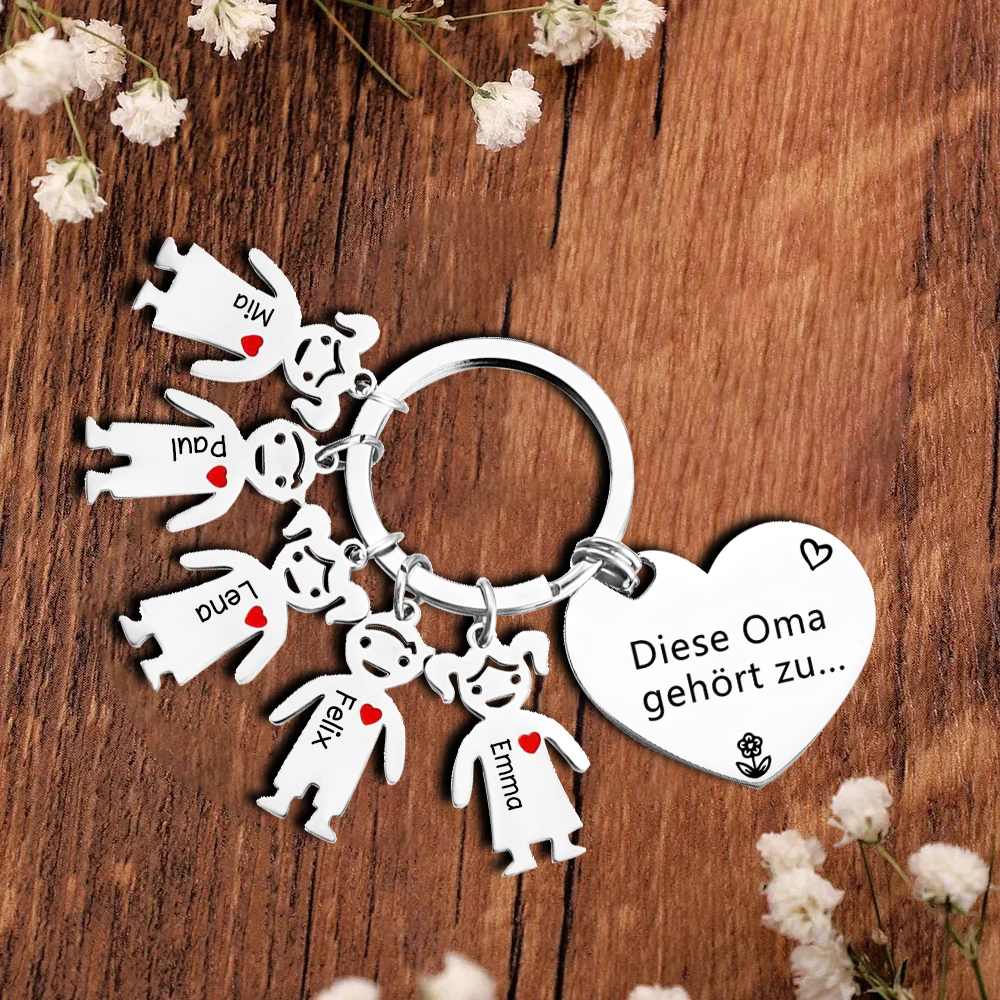 Personalisierte 5 Namen & Muster PU-Leder Portemonnaie & 5 Namen Herz Schlüsselanhänger -Diese tolle Oma gehört zu- Geldbörse & Schlüsselanhänger Geschenkbox Set für Oma Großmutter