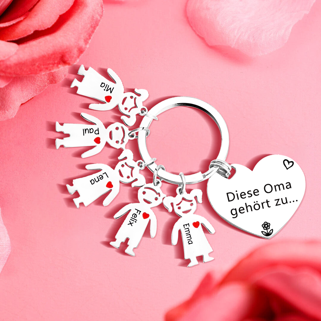 Personalisierte 5 Namen & Muster PU-Leder Portemonnaie & 5 Namen Herz Schlüsselanhänger -Diese tolle Oma gehört zu- Geldbörse & Schlüsselanhänger Geschenkbox Set für Oma Großmutter