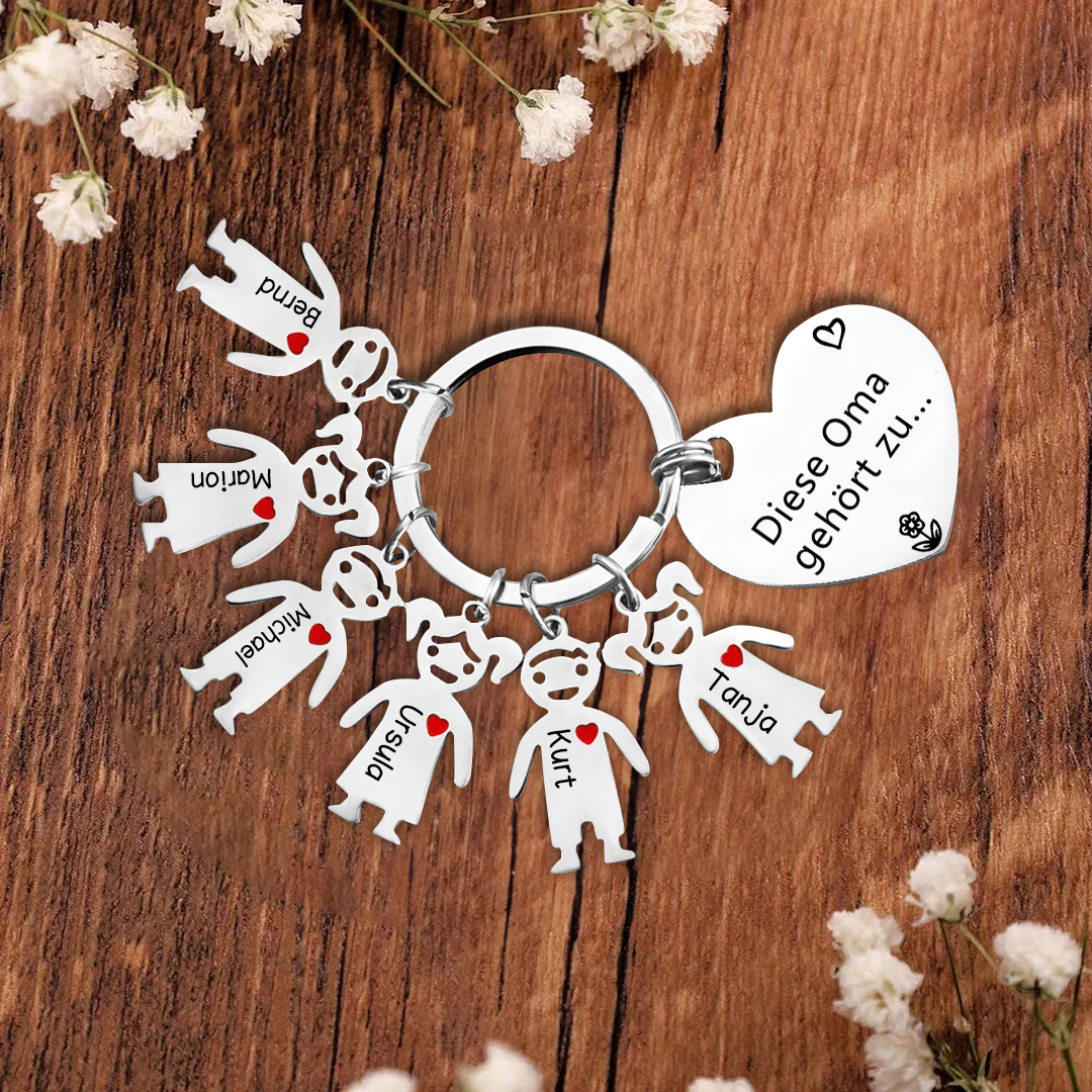 Personalisierte 6 Namen & Muster PU-Leder Portemonnaie & 6 Namen Herz Schlüsselanhänger -Diese tolle Oma gehört zu- Geldbörse & Schlüsselanhänger Geschenkbox Set für Oma Großmutter