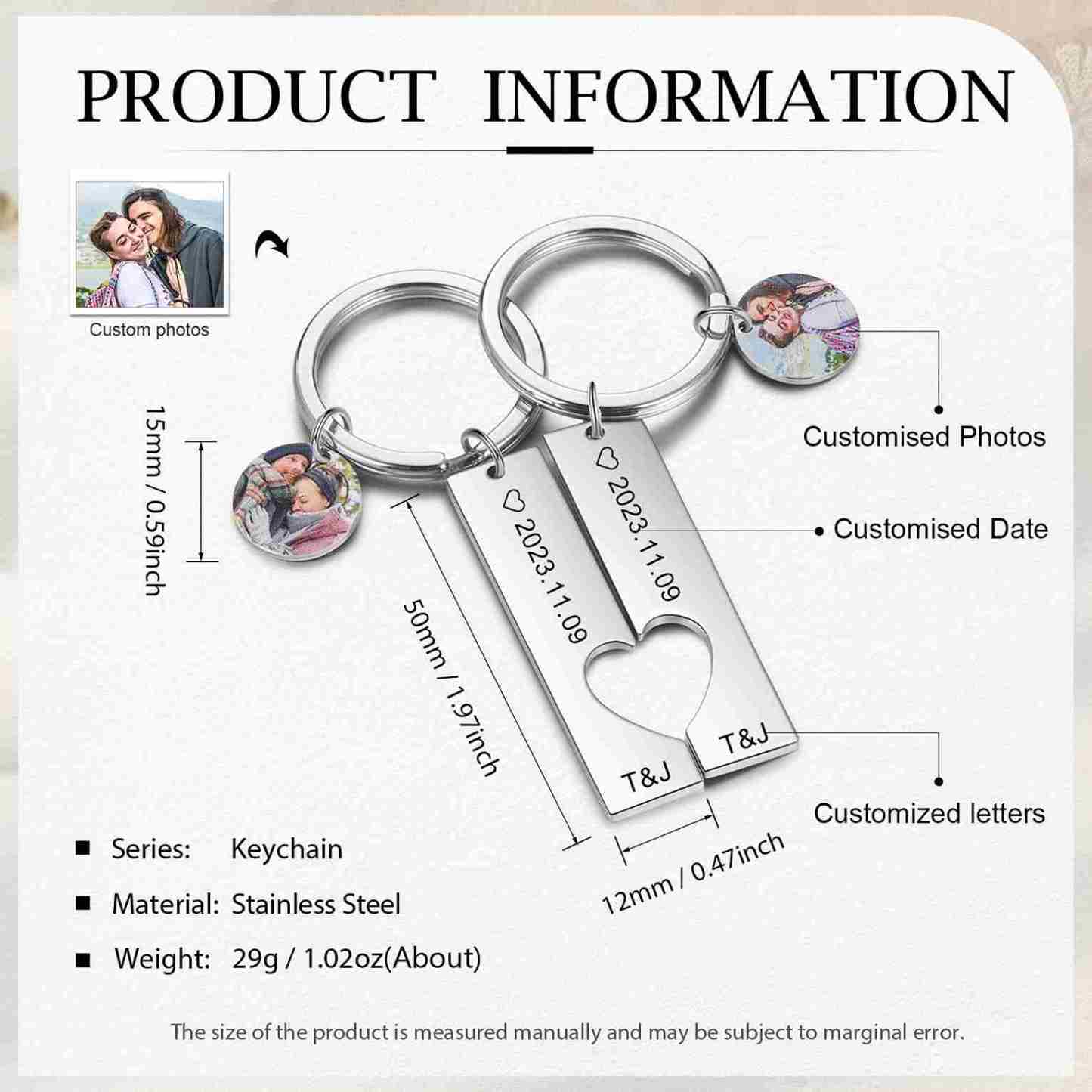 Personalisierbar 2 Namen & 2 Datum & Fotos Metall Schlüsselanhänger