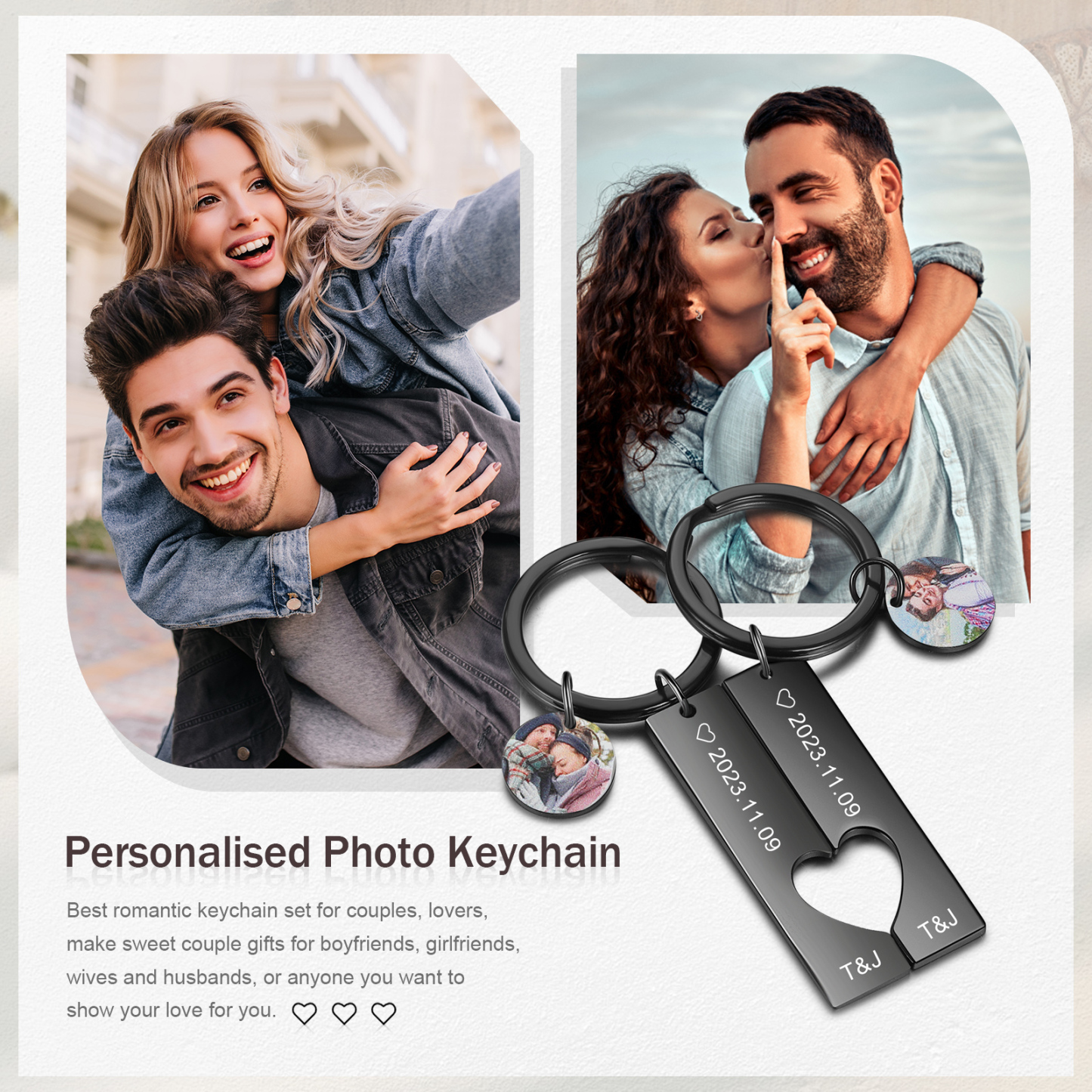 Personalisierte 2 Namen & 2 Fotos & 2 Daten Schlüsselanhänger & 1 Foto Edelstahl Schwarz Armband & 1 Foto & 2 Namen Wallet Card Geschenkbox Set für Paar