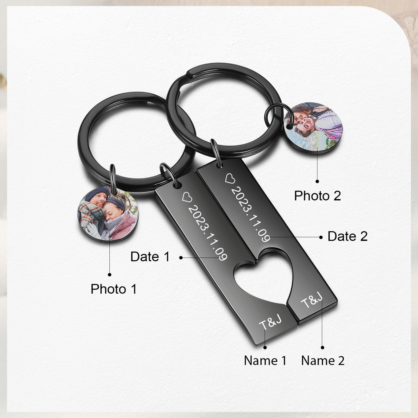 Personalisierte 2 Namen & 2 Fotos & 2 Daten Schlüsselanhänger & 1 Foto Edelstahl Schwarz Armband & 1 Foto & 2 Namen Wallet Card Geschenkbox Set für Paar