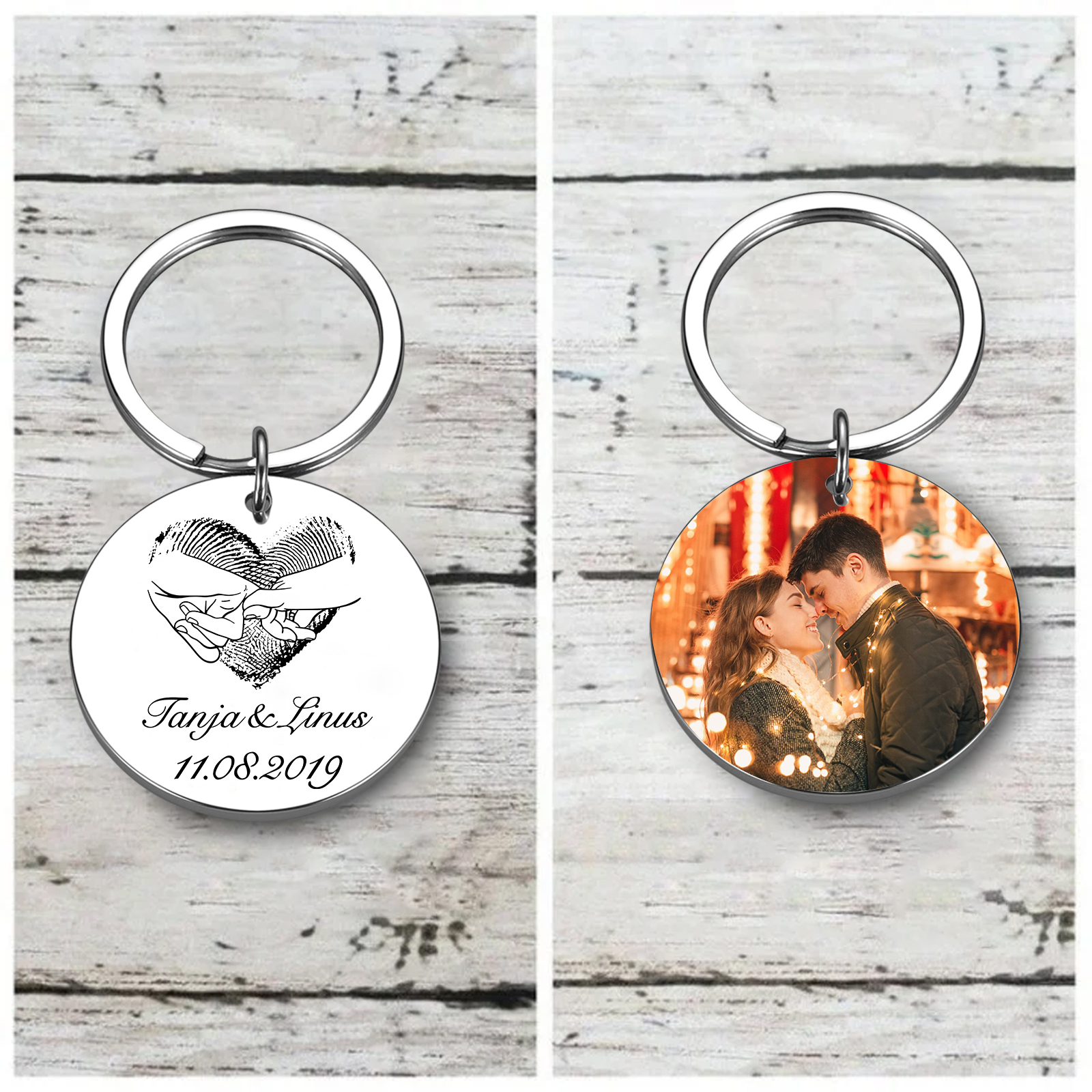 Personalisierte 2 Namen & 2 Buchstaben & Lied Acryl-Kühlschrankmagnet & Foto & Text & Datum Metall-Schlüsselanhänger –  Zusammen durch dick und dünn – Schlüsselanhänger & Kühlschrankmagnet & Nachrichtenkarte Geschenkbox Set für Paar