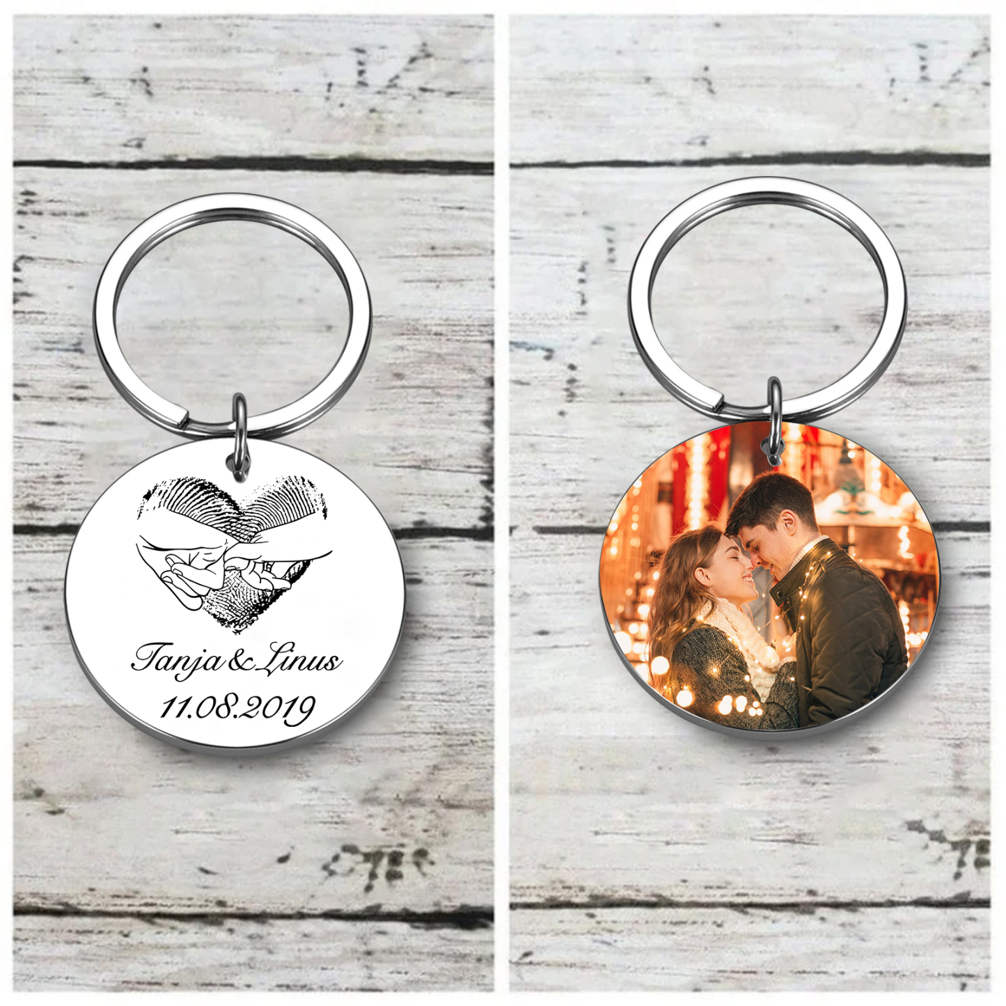 Personalisierte 2 Namen & 2 Buchstaben & Lied Acryl-Kühlschrankmagnet & Foto & Text & Datum Metall-Schlüsselanhänger – Zusammen durch dick und dünn – Schlüsselanhänger & Kühlschrankmagnet & Nachrichtenkarte Geschenkbox Set für Paar