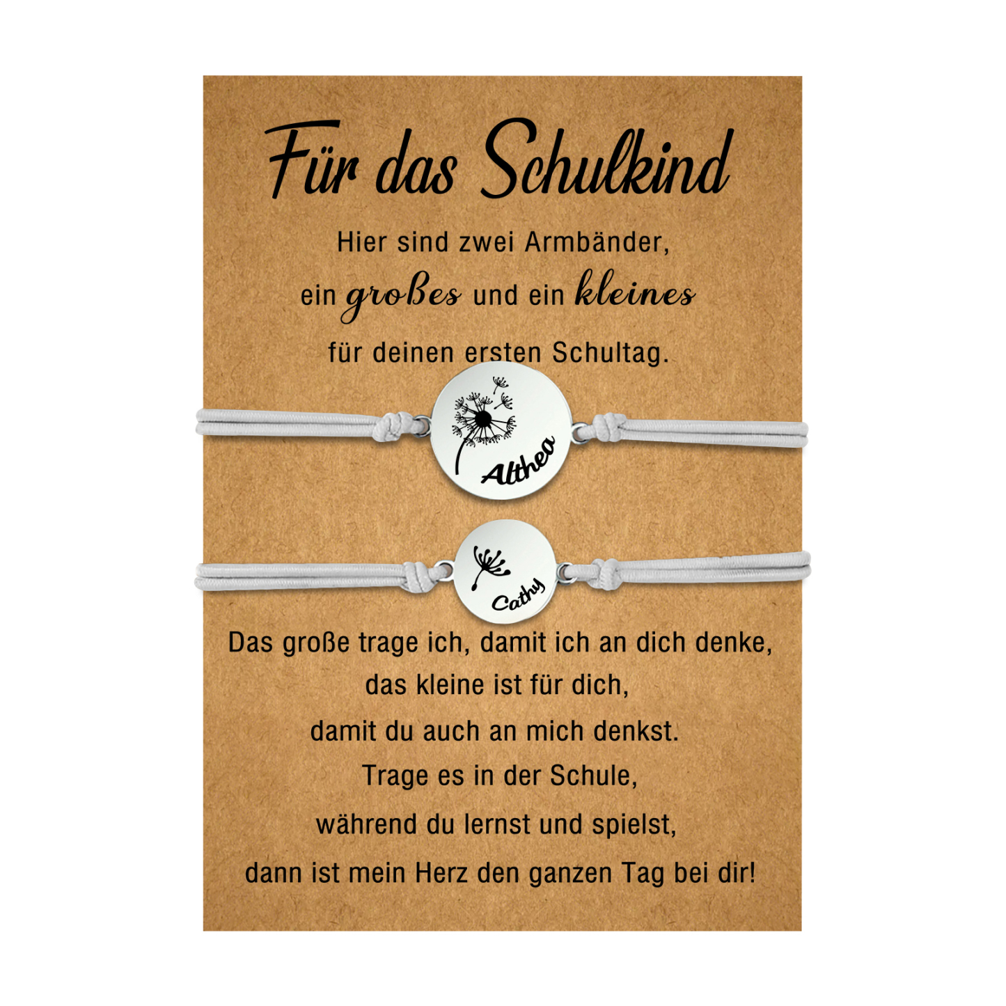 Personalisierte 2 Namen Löwenzahn Armbänder Set mit 2 Ketten Gummiband -Für das Schulkind- Schulanfang Geschenk