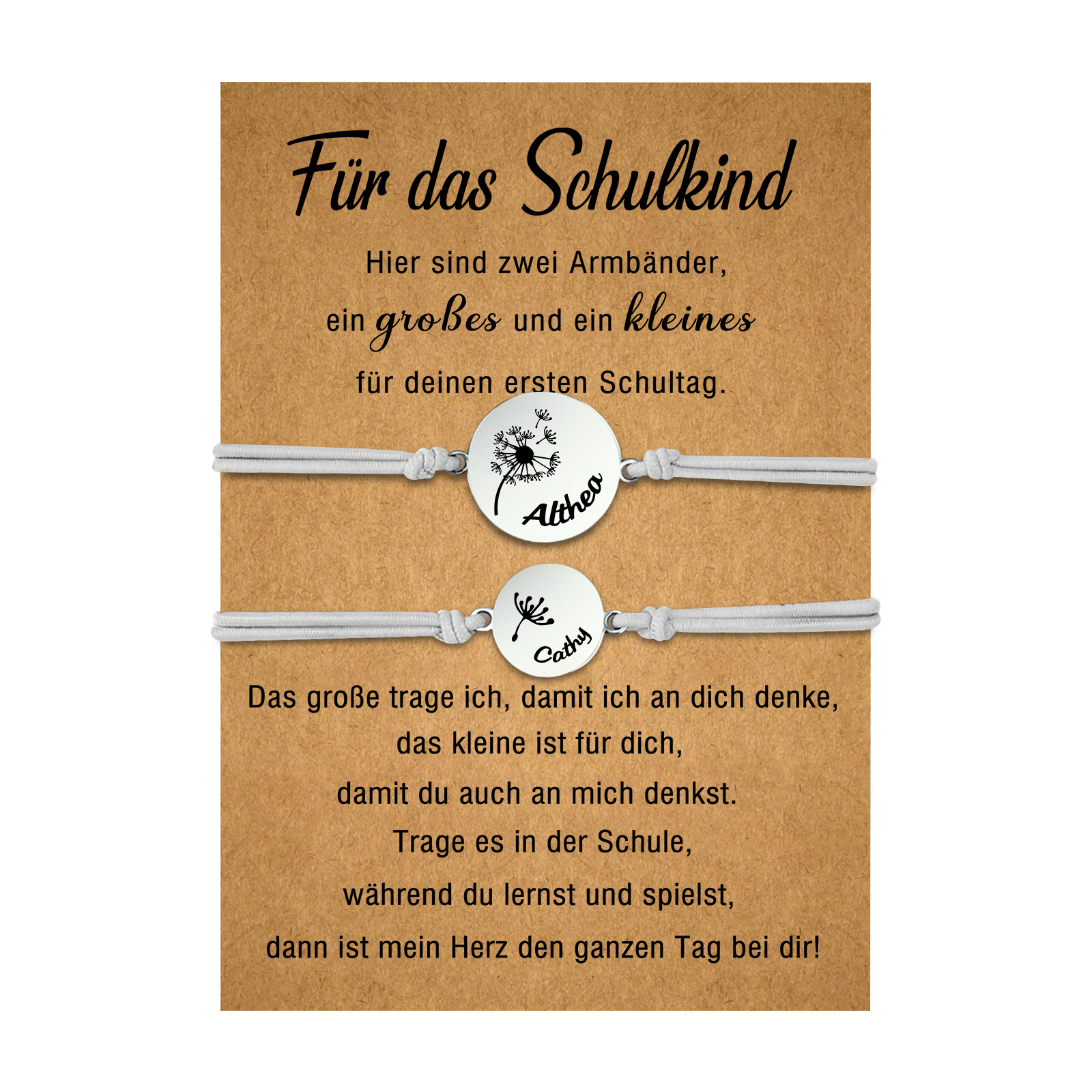 Personalisierte 2 Namen Löwenzahn Armbänder Set mit 2 Ketten Gummiband -Für das Schulkind- Schulanfang Geschenk