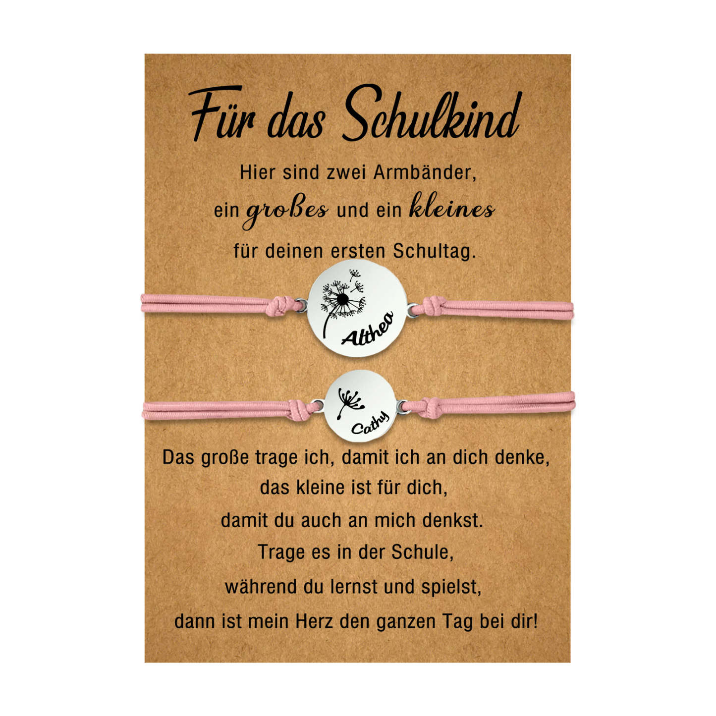 Personalisierte 2 Namen Löwenzahn Armbänder Set mit 2 Ketten Gummiband -Für das Schulkind- Schulanfang Geschenk