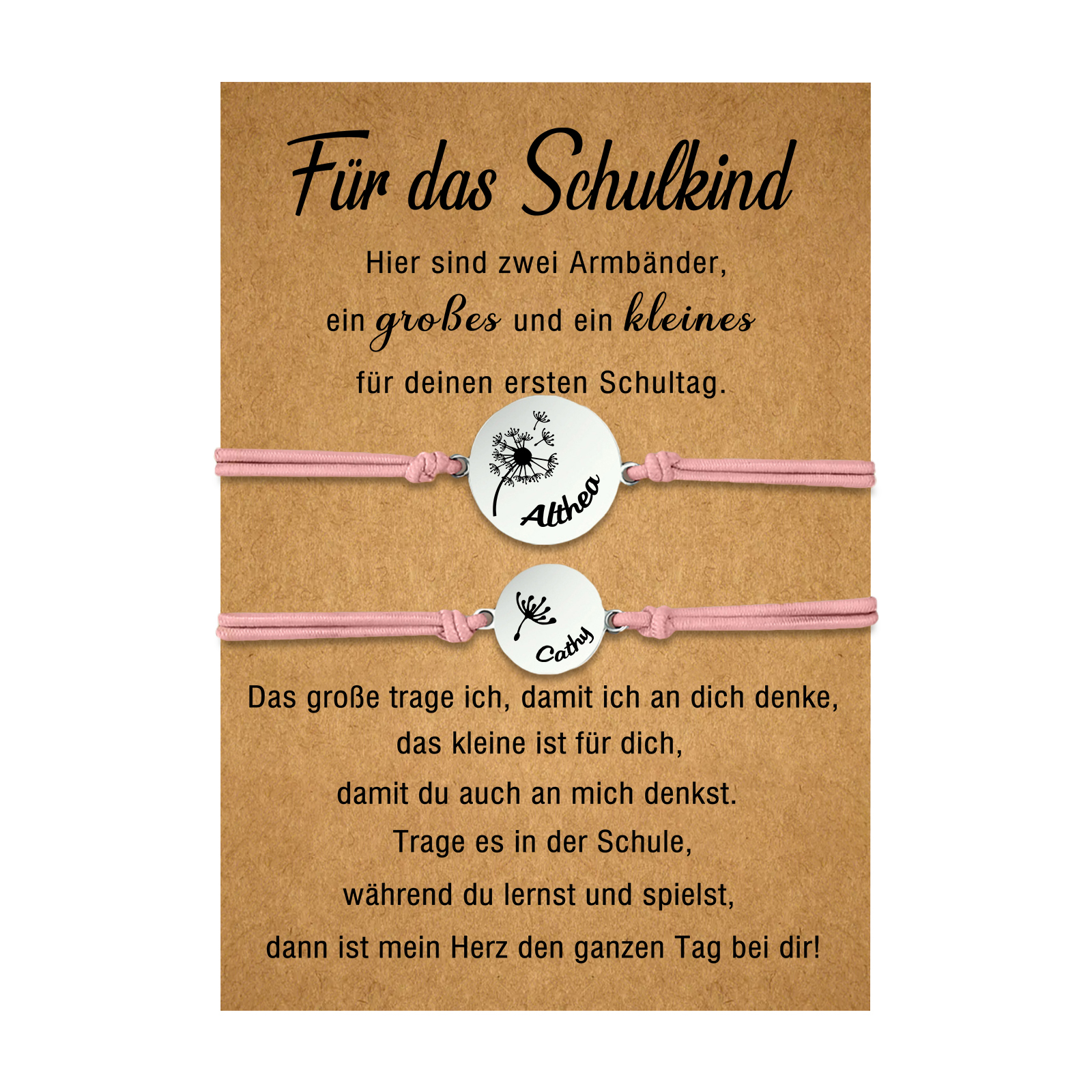 Personalisierte 2 Namen Löwenzahn Armbänder Set mit 2 Ketten Gummiband -Für das Schulkind- Schulanfang Geschenk