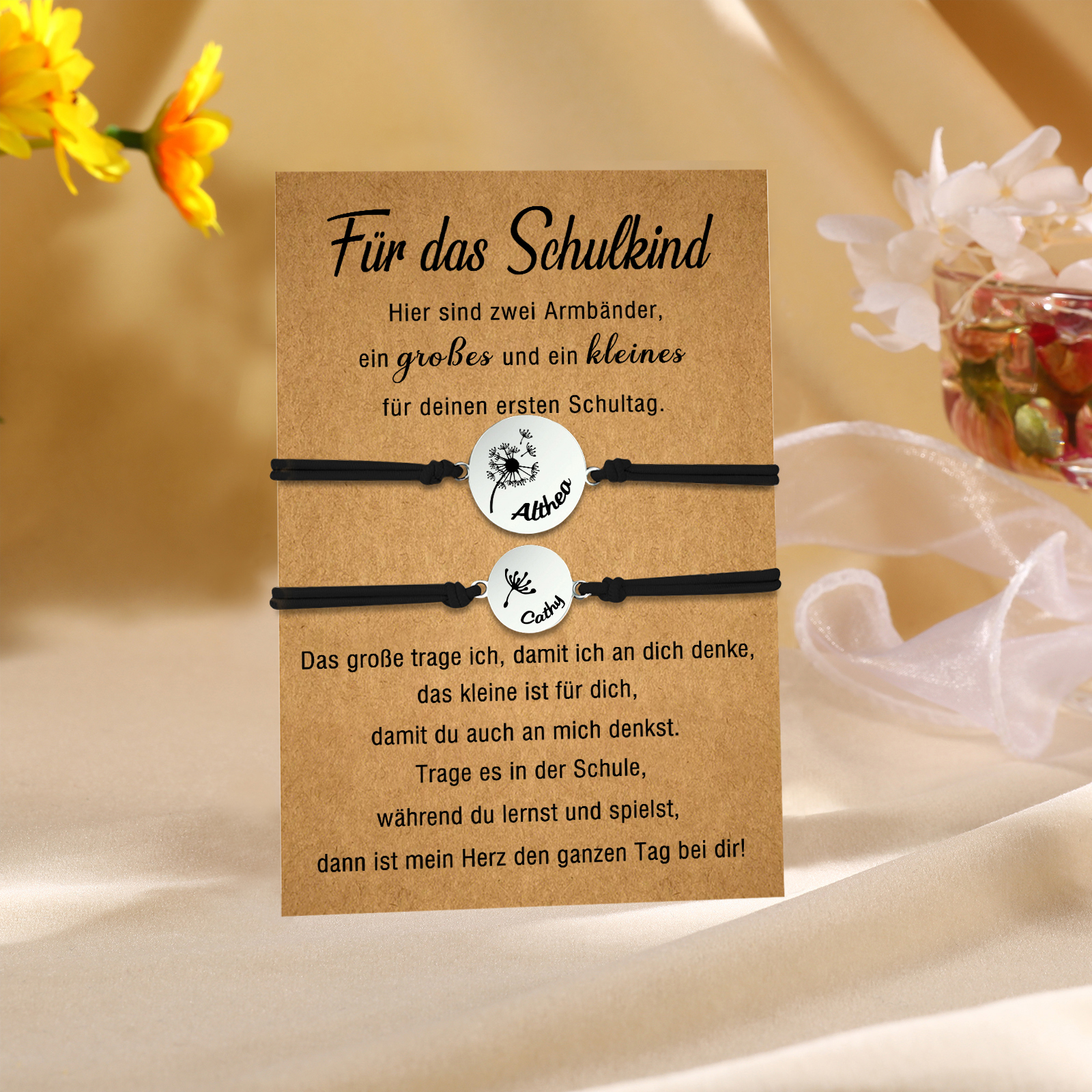 Personalisierte 2 Namen Löwenzahn Armbänder Set mit 2 Ketten Gummiband -Für das Schulkind- Schulanfang Geschenk
