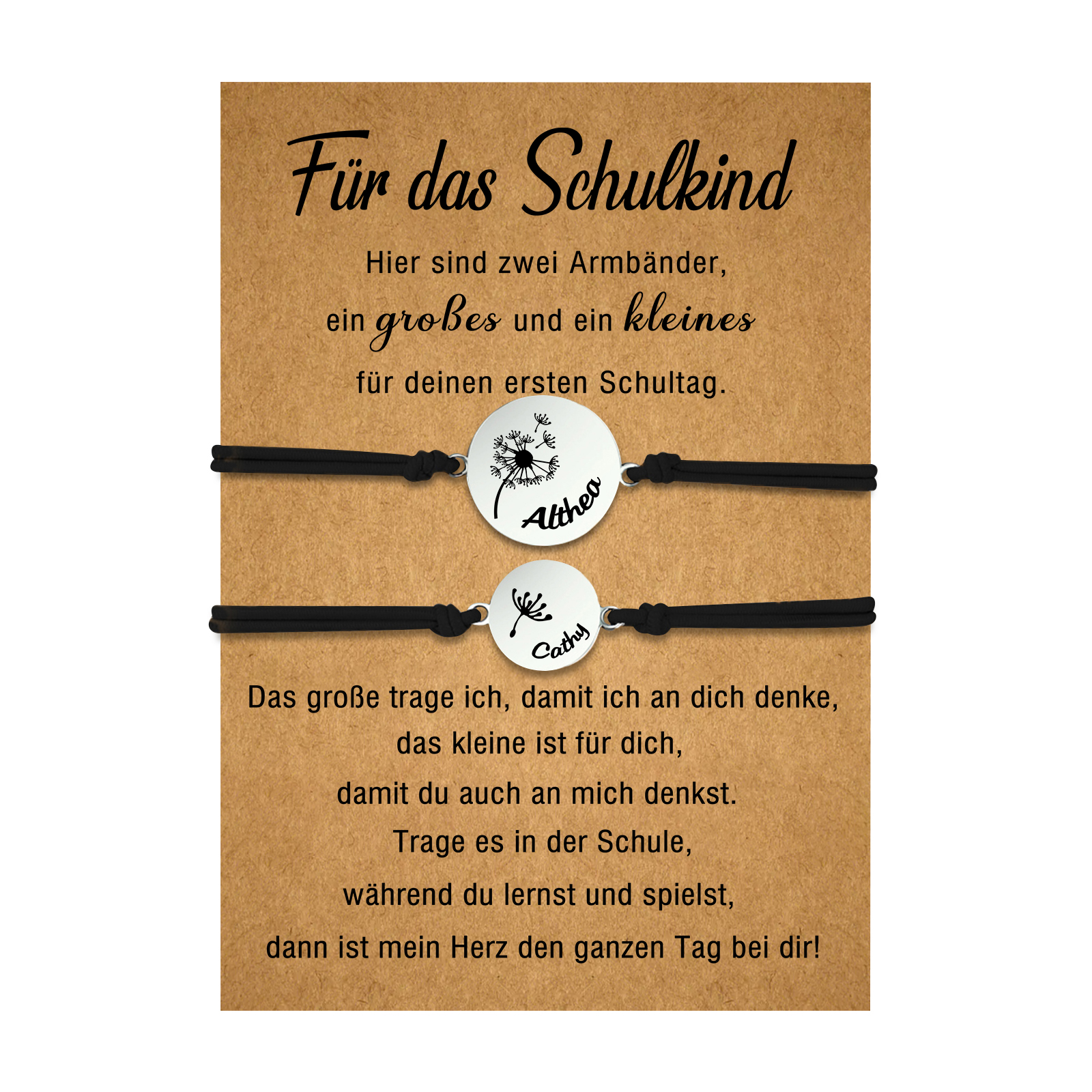 Personalisierte 2 Namen Löwenzahn Armbänder Set mit 2 Ketten Gummiband -Für das Schulkind- Schulanfang Geschenk