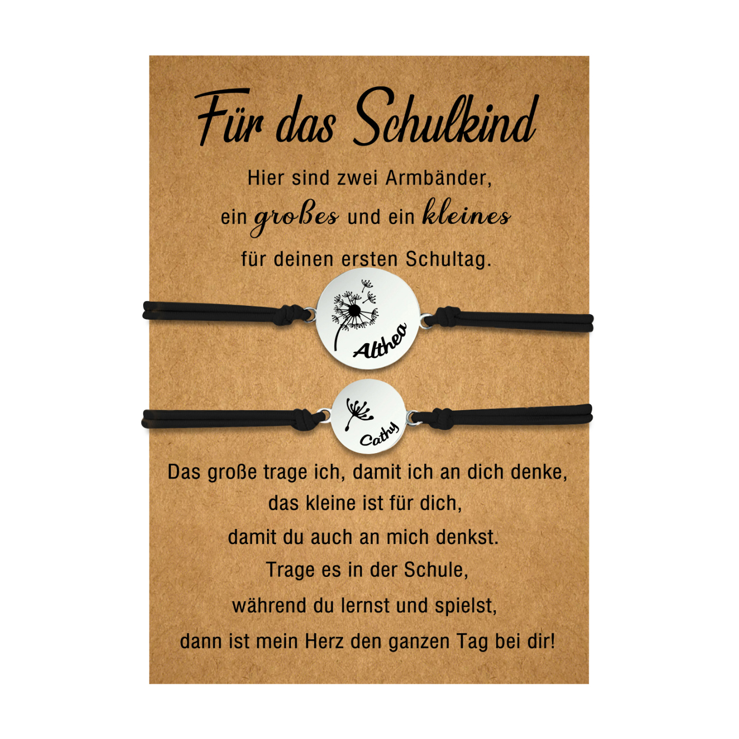 Personalisierte 2 Namen Löwenzahn Armbänder Set mit 2 Ketten Gummiband -Für das Schulkind- Schulanfang Geschenk