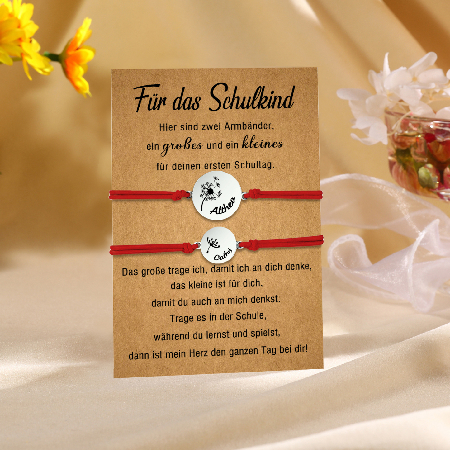 Personalisierte 2 Namen Löwenzahn Armbänder Set mit 2 Ketten Gummiband -Für das Schulkind- Schulanfang Geschenk