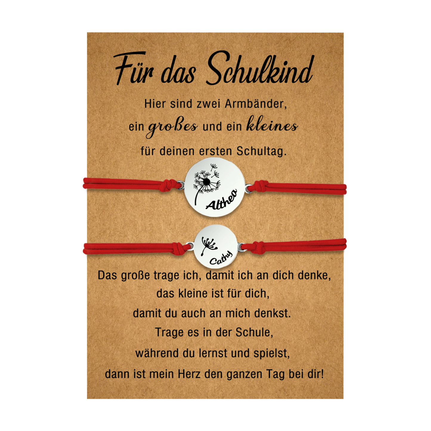 Personalisierte 2 Namen Löwenzahn Armbänder Set mit 2 Ketten Gummiband -Für das Schulkind- Schulanfang Geschenk