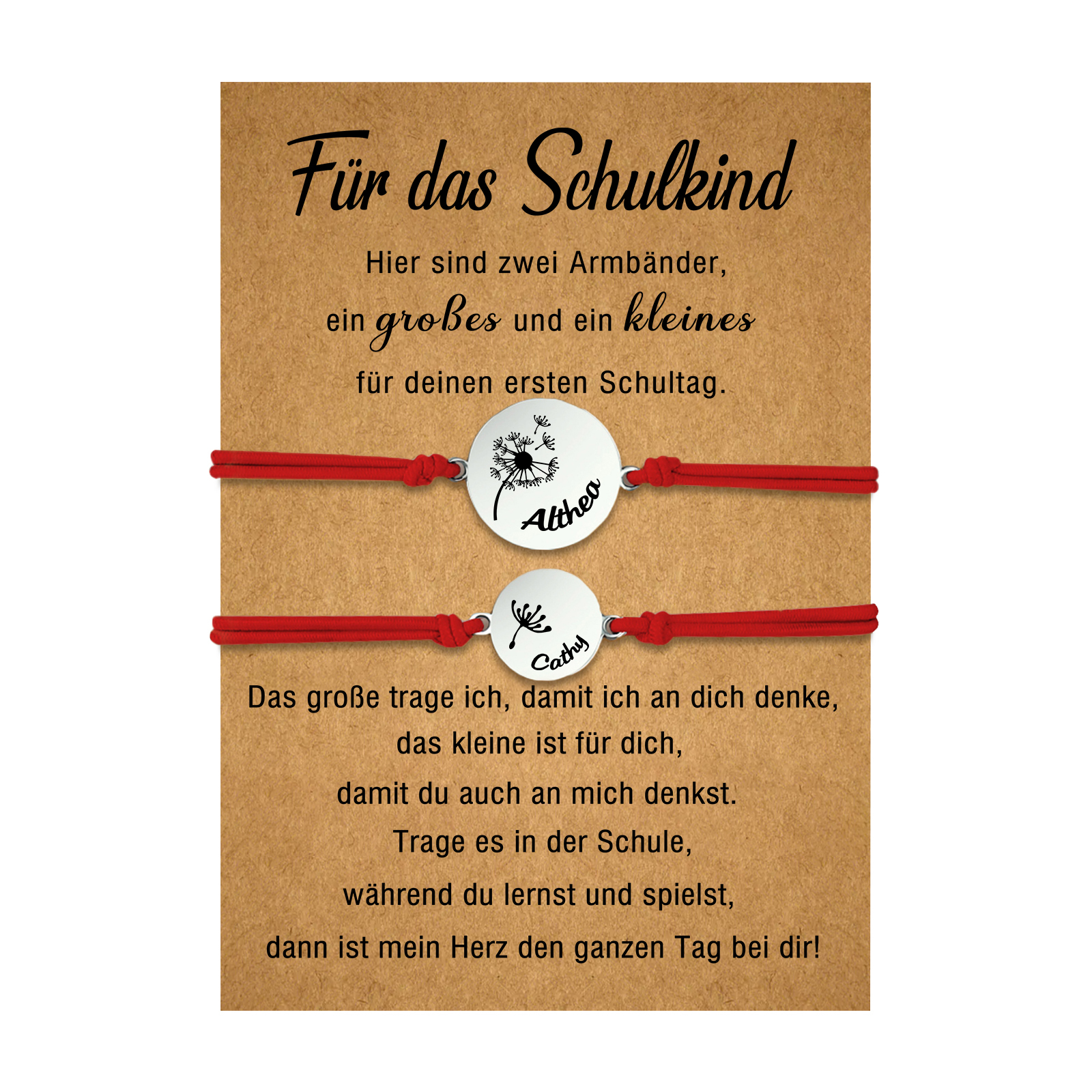 Personalisierte 2 Namen Löwenzahn Armbänder Set mit 2 Ketten Gummiband -Für das Schulkind- Schulanfang Geschenk