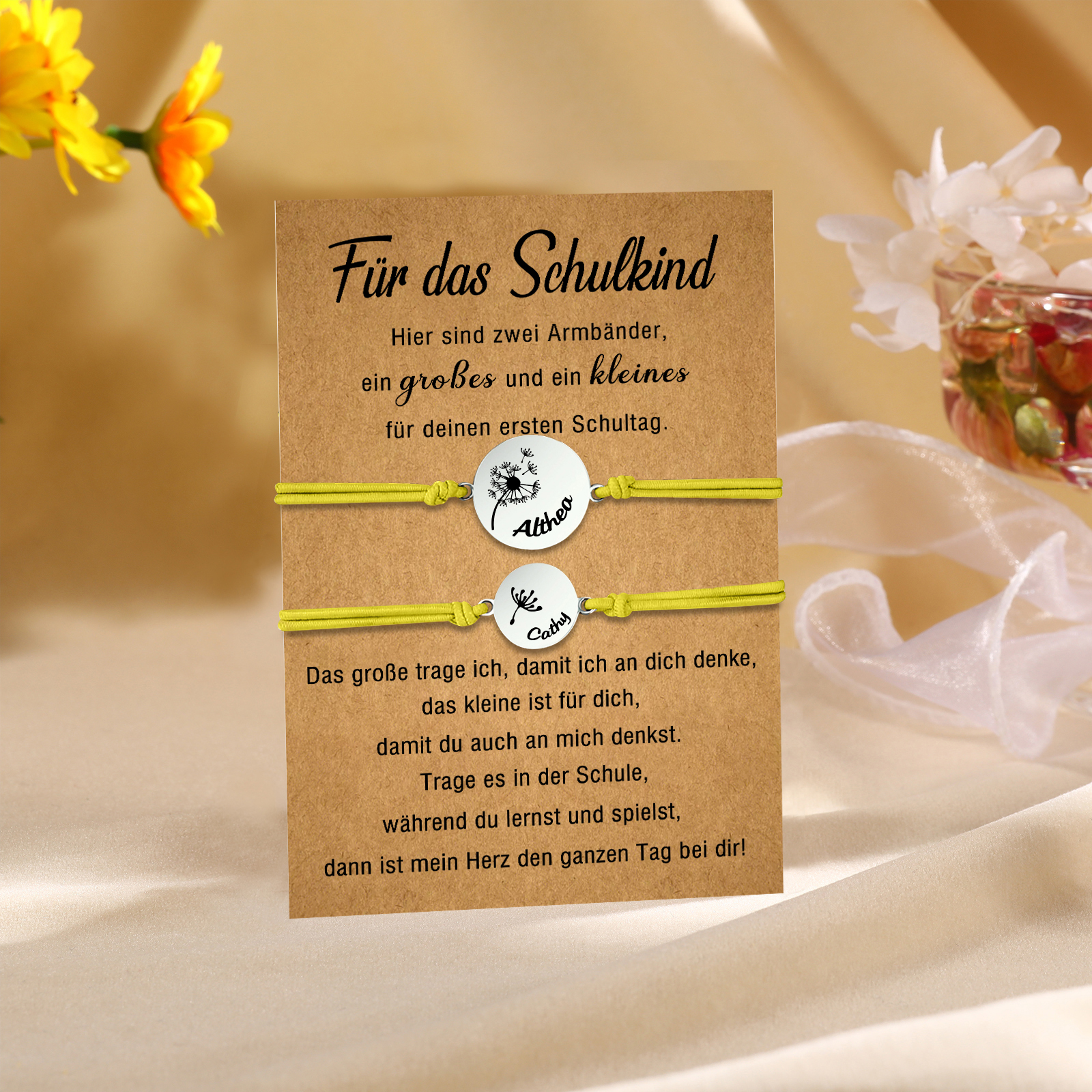 Personalisierte 2 Namen Löwenzahn Armbänder Set mit 2 Ketten Gummiband -Für das Schulkind- Schulanfang Geschenk