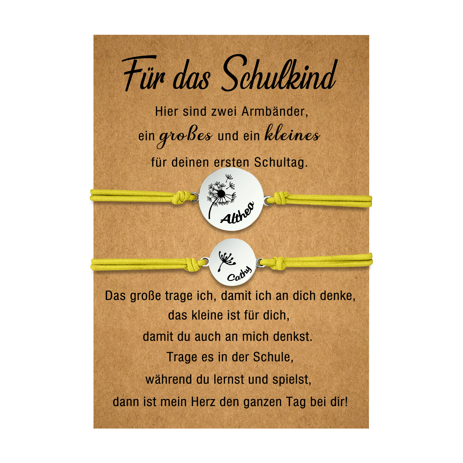 Personalisierte 2 Namen Löwenzahn Armbänder Set mit 2 Ketten Gummiband -Für das Schulkind- Schulanfang Geschenk