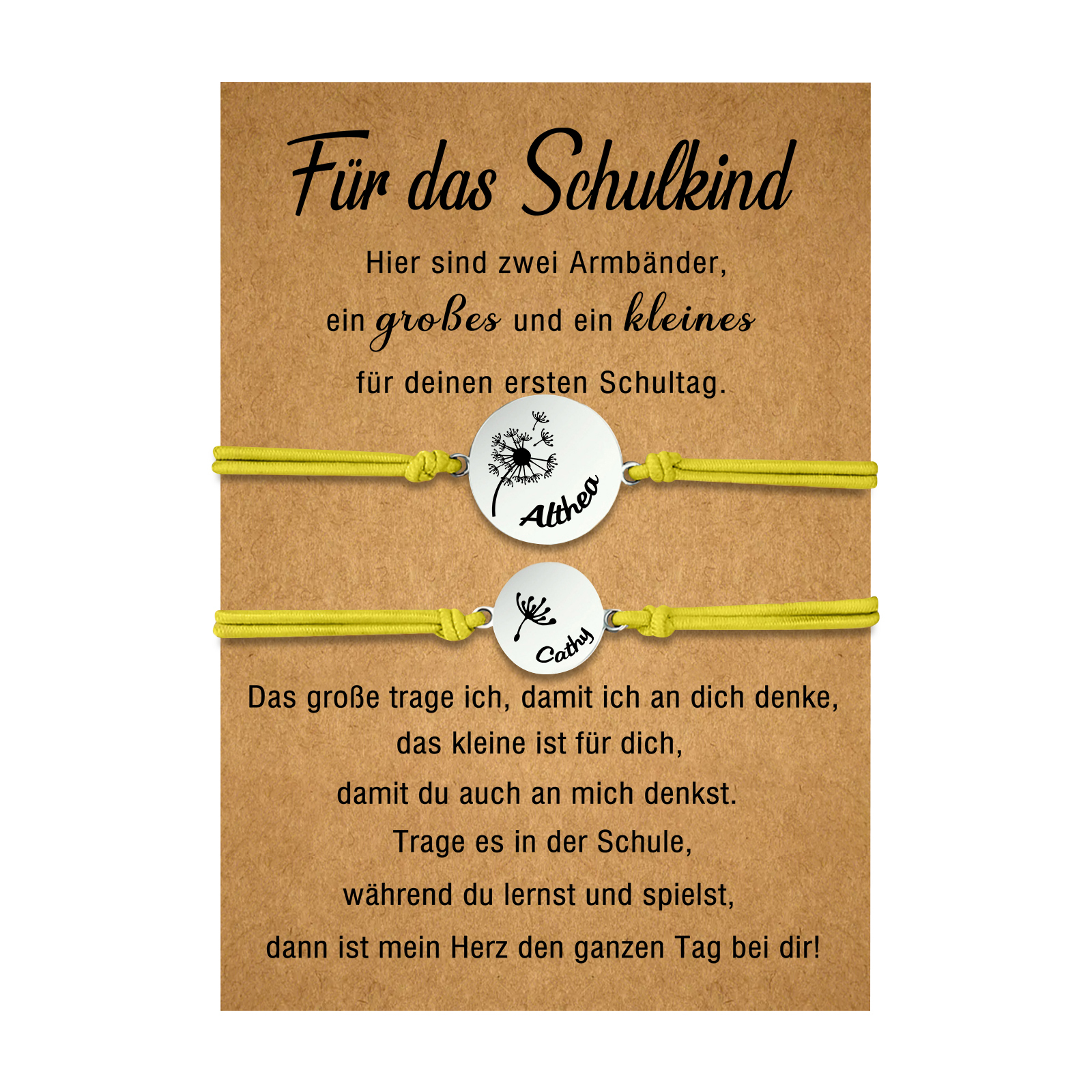 Personalisierte 2 Namen Löwenzahn Armbänder Set mit 2 Ketten Gummiband -Für das Schulkind- Schulanfang Geschenk