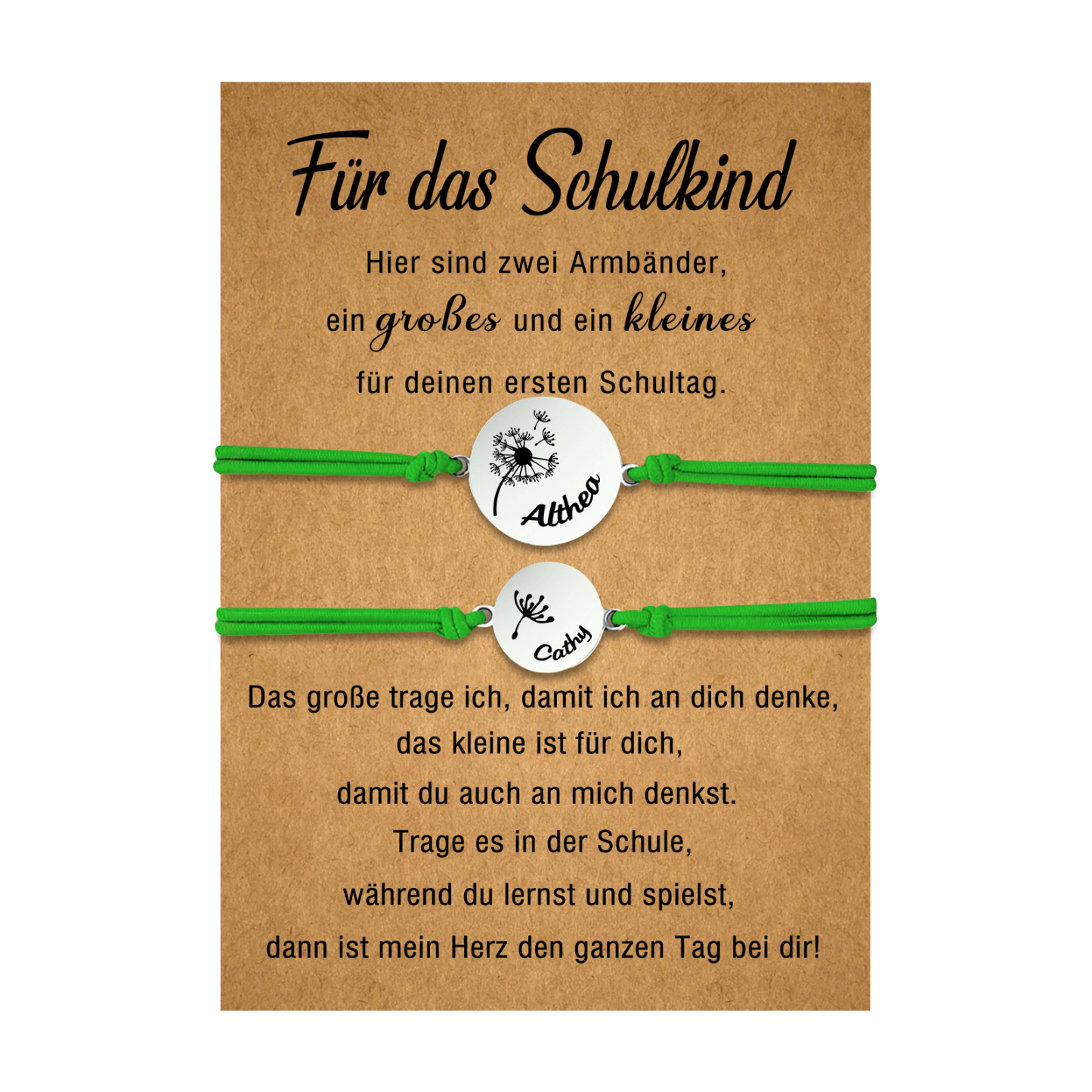 Personalisierte 2 Namen Löwenzahn Armbänder Set mit 2 Ketten Gummiband -Für das Schulkind- Schulanfang Geschenk