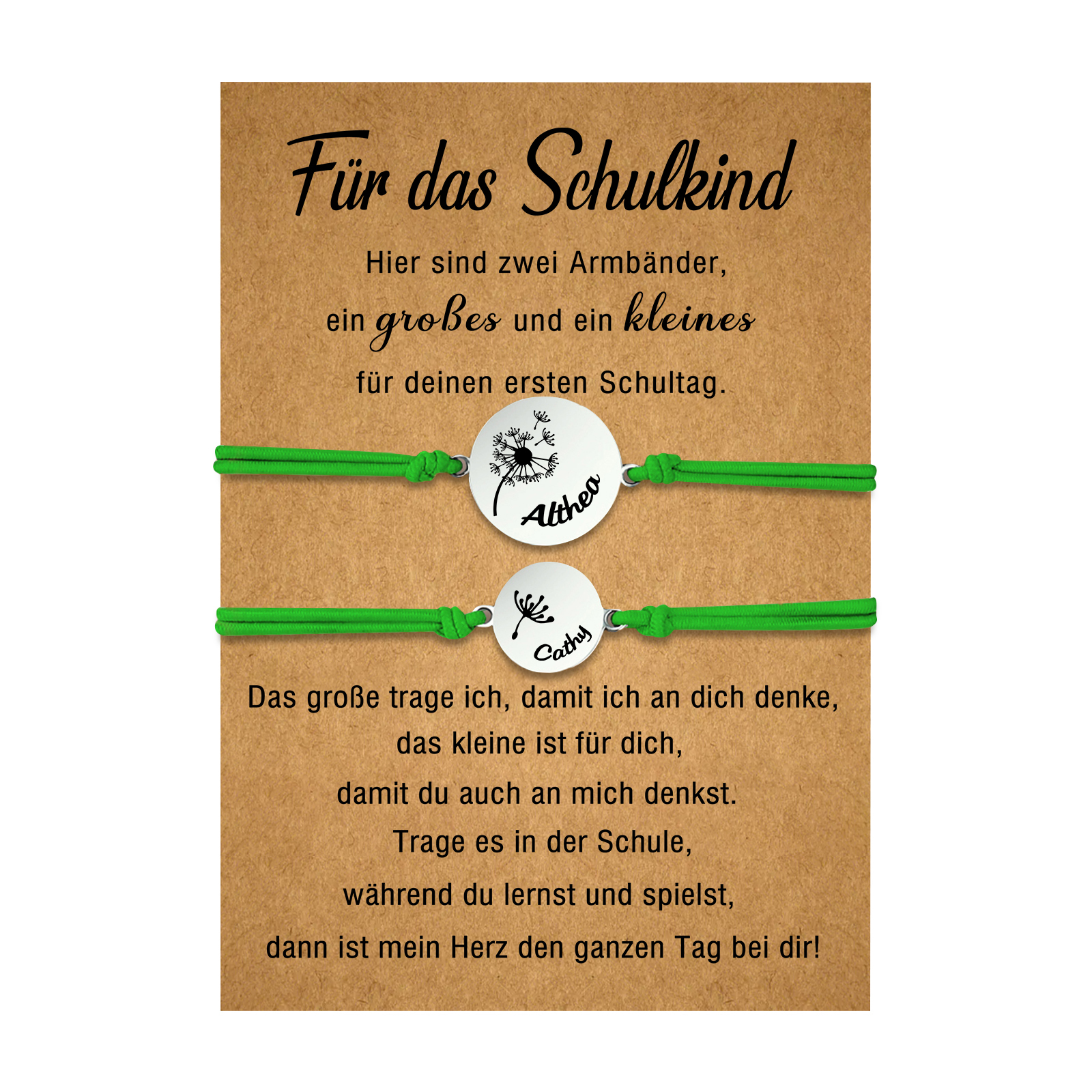 Personalisierte 2 Namen Löwenzahn Armbänder Set mit 2 Ketten Gummiband -Für das Schulkind- Schulanfang Geschenk