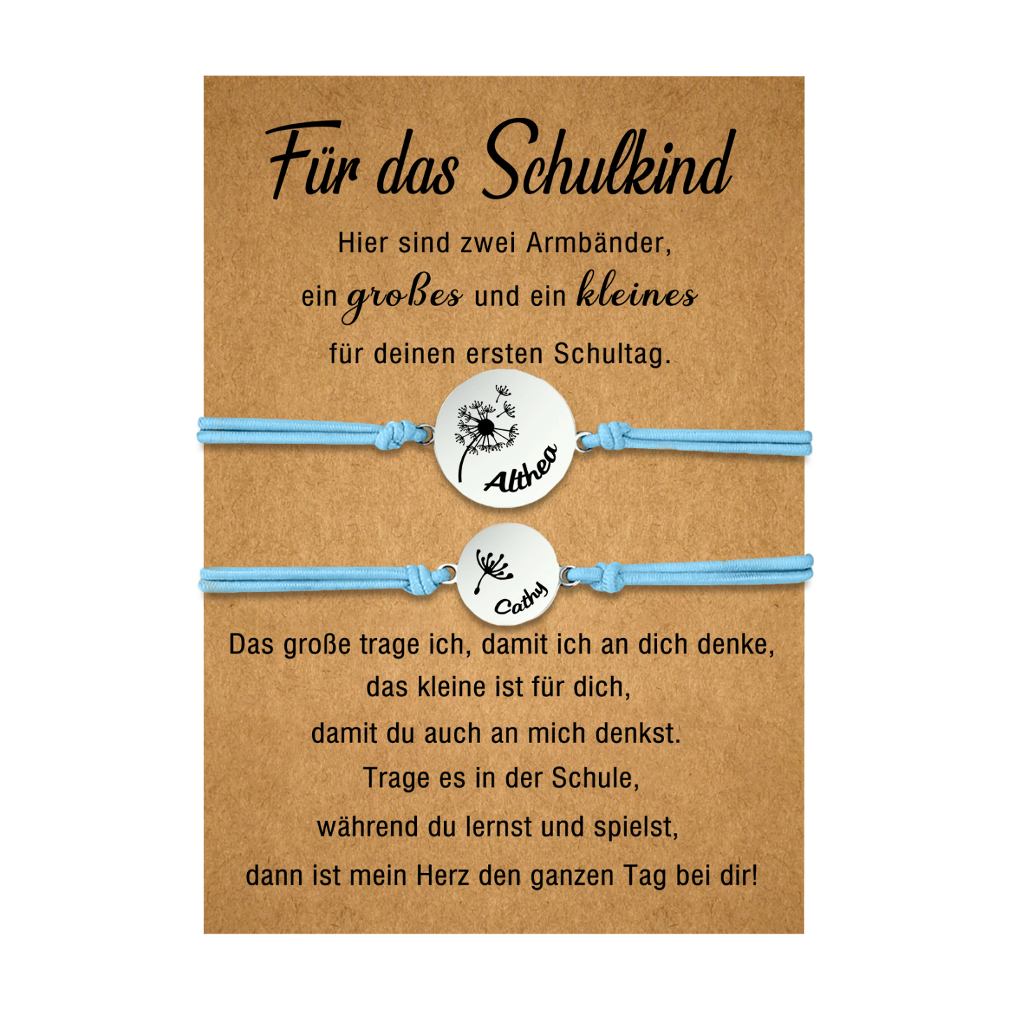 Personalisierte 2 Namen Löwenzahn Armbänder Set mit 2 Ketten Gummiband -Für das Schulkind- Schulanfang Geschenk