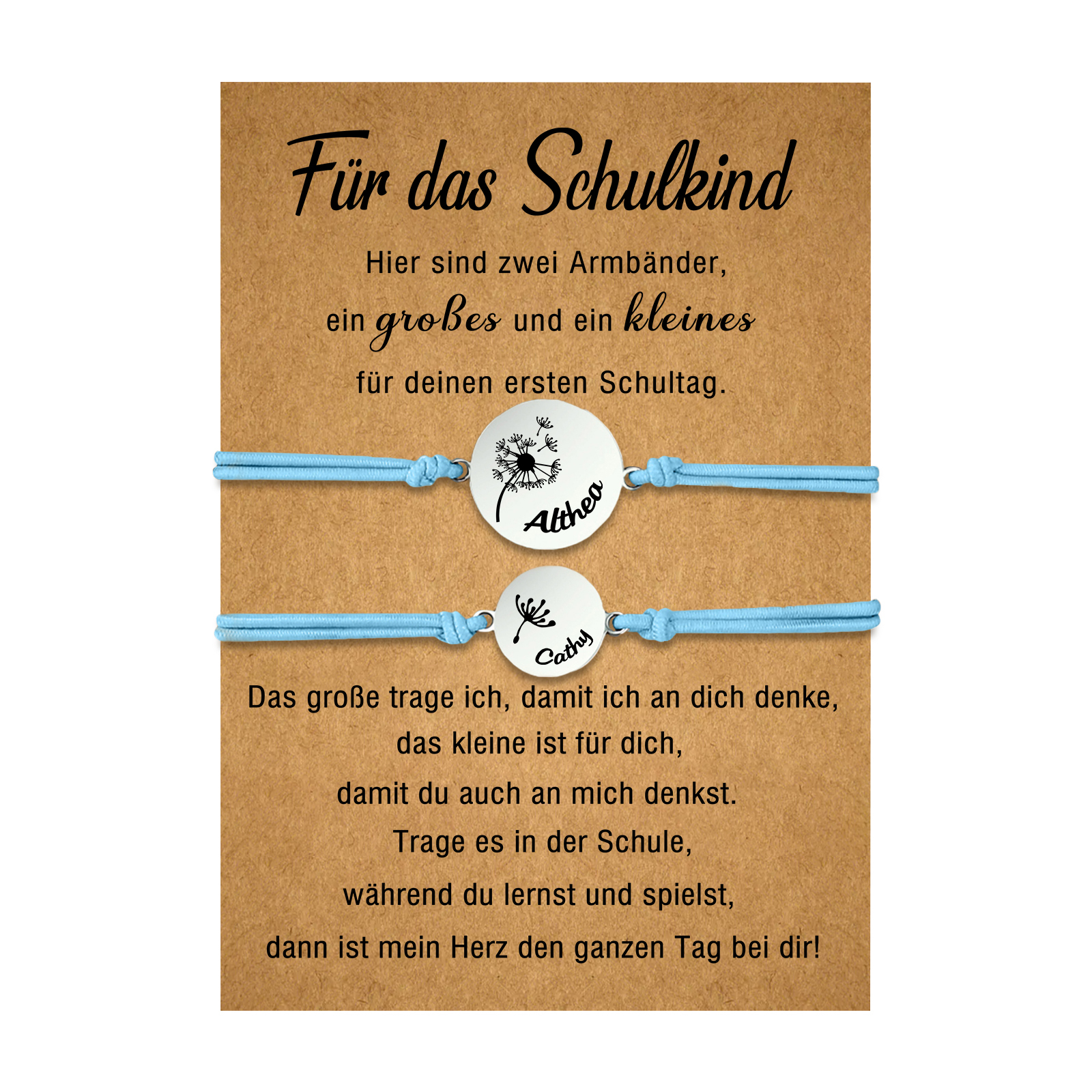 Personalisierte 2 Namen Löwenzahn Armbänder Set mit 2 Ketten Gummiband -Für das Schulkind- Schulanfang Geschenk