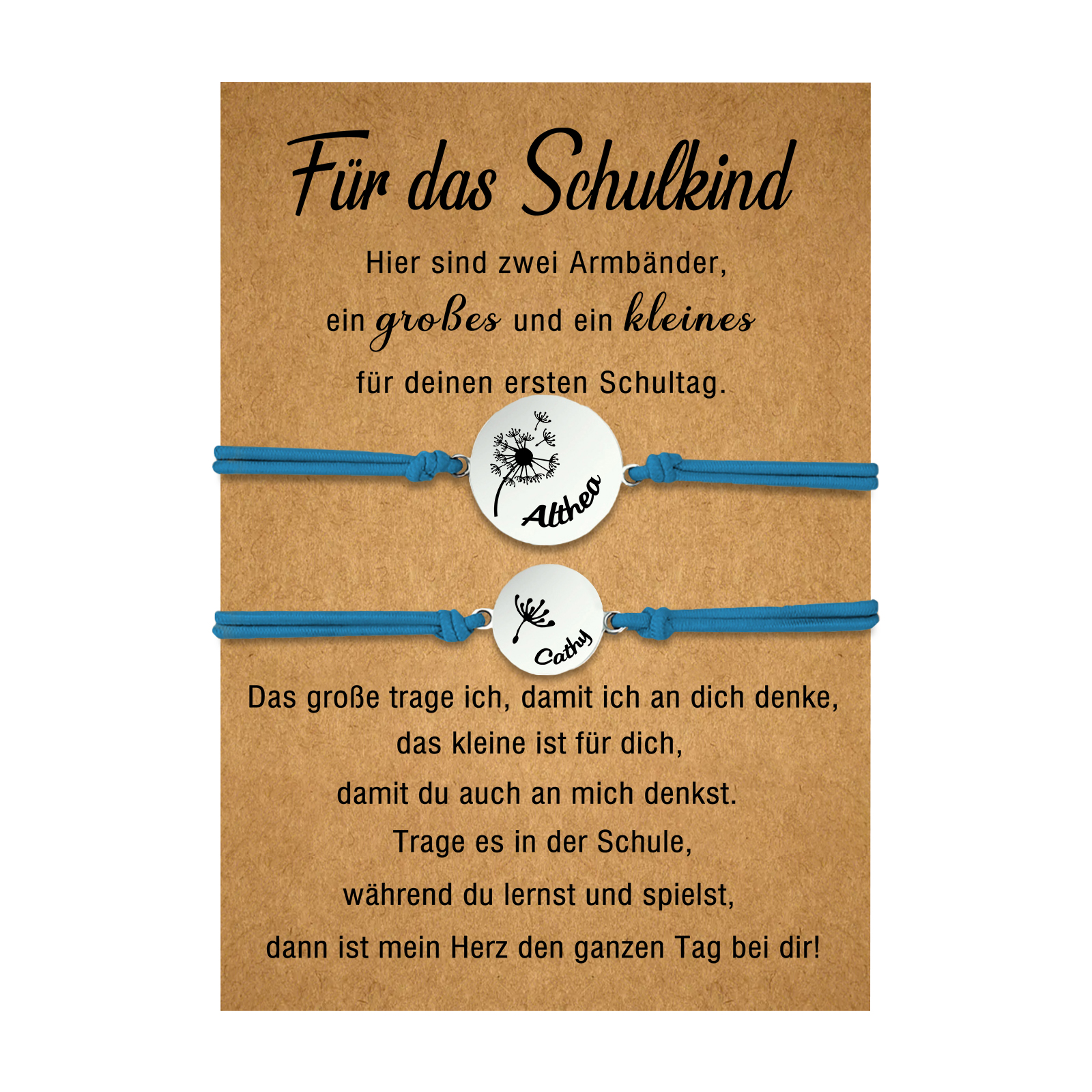 Personalisierte 2 Namen Löwenzahn Armbänder Set mit 2 Ketten Gummiband -Für das Schulkind- Schulanfang Geschenk