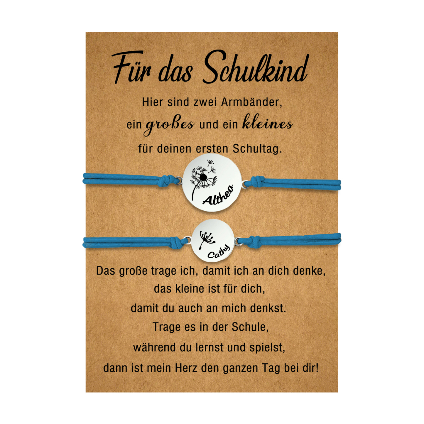 Personalisierte 2 Namen Löwenzahn Armbänder Set mit 2 Ketten Gummiband -Für das Schulkind- Schulanfang Geschenk