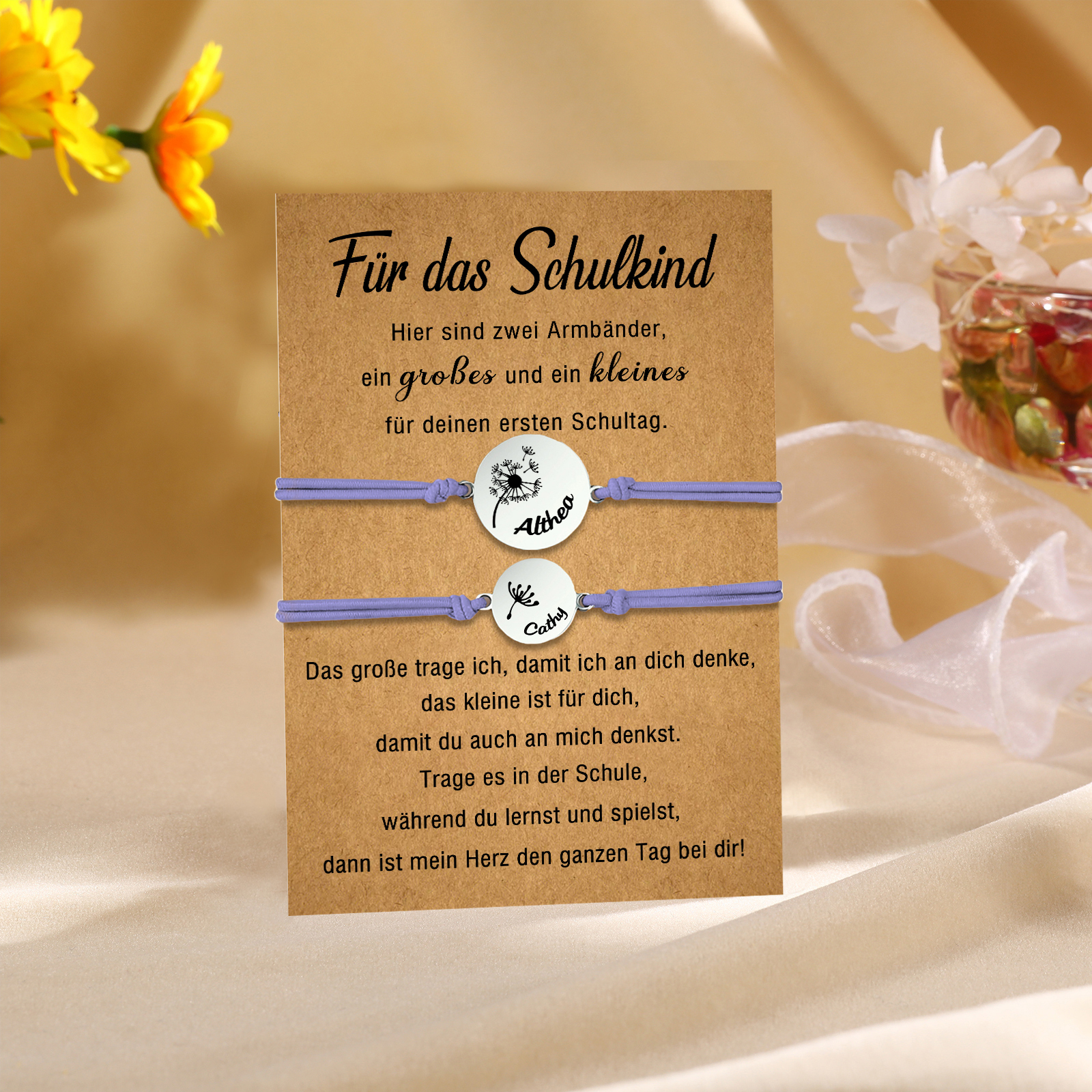 Personalisierte 2 Namen Löwenzahn Armbänder Set mit 2 Ketten Gummiband -Für das Schulkind- Schulanfang Geschenk