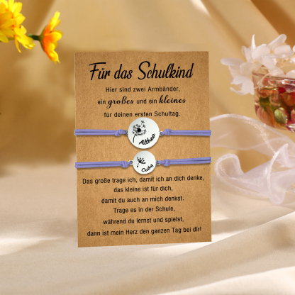 Personalisierte 2 Namen Löwenzahn Armbänder Set mit 2 Ketten Gummiband -Für das Schulkind- Schulanfang Geschenk