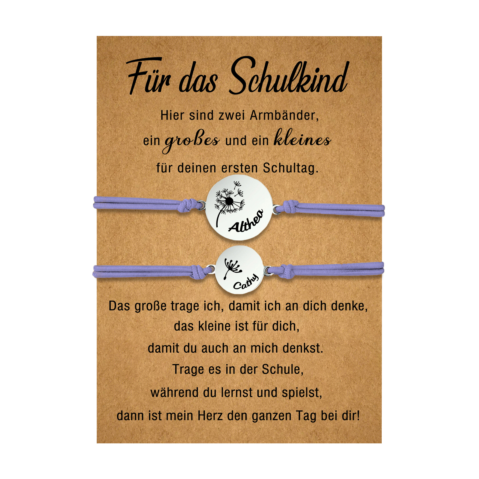 Personalisierte 2 Namen Löwenzahn Armbänder Set mit 2 Ketten Gummiband -Für das Schulkind- Schulanfang Geschenk