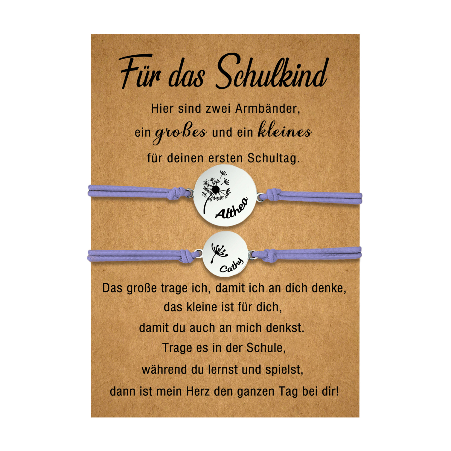 Personalisierte 2 Namen Löwenzahn Armbänder Set mit 2 Ketten Gummiband -Für das Schulkind- Schulanfang Geschenk