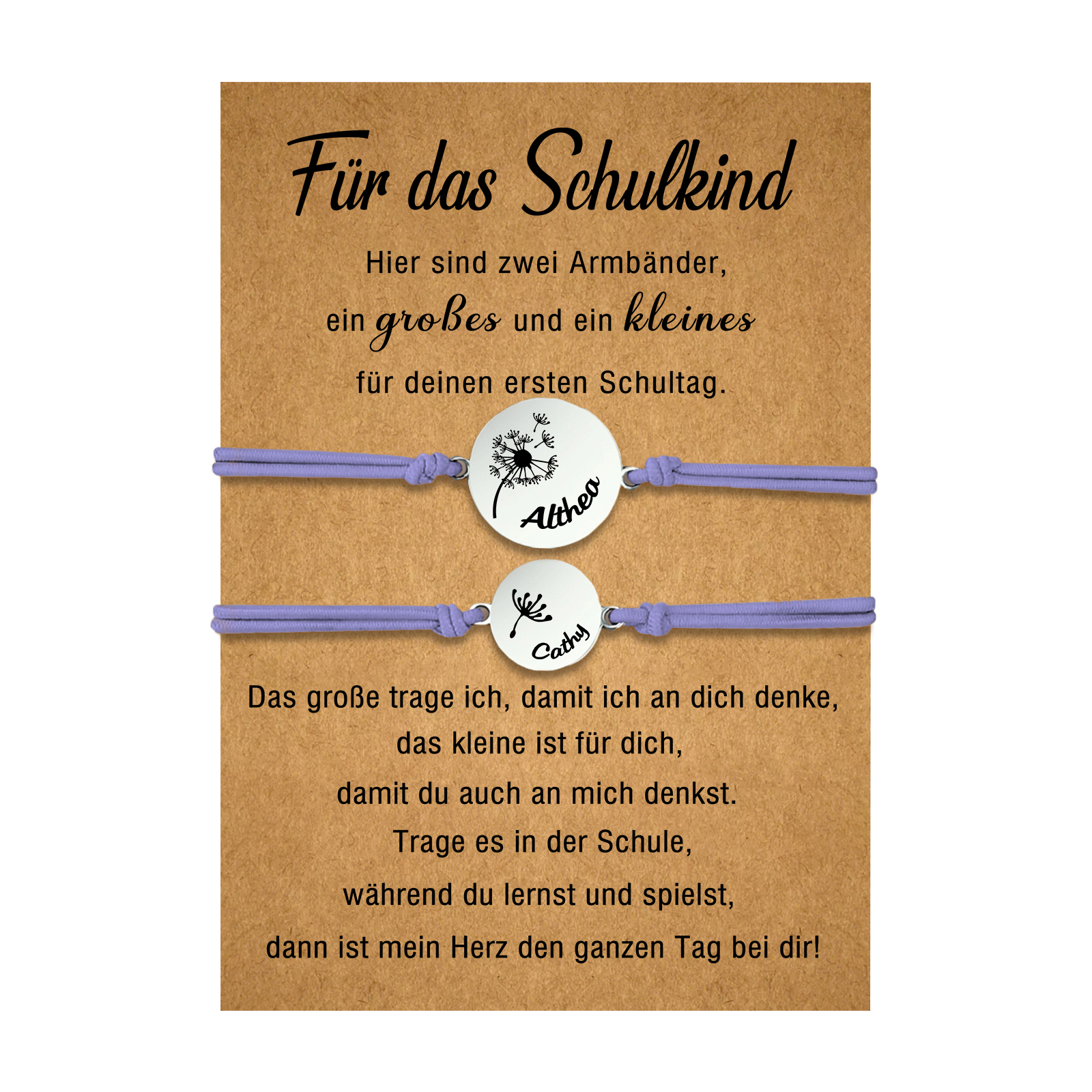Personalisierte 2 Namen Löwenzahn Armbänder Set mit 2 Ketten Gummiband -Für das Schulkind- Schulanfang Geschenk