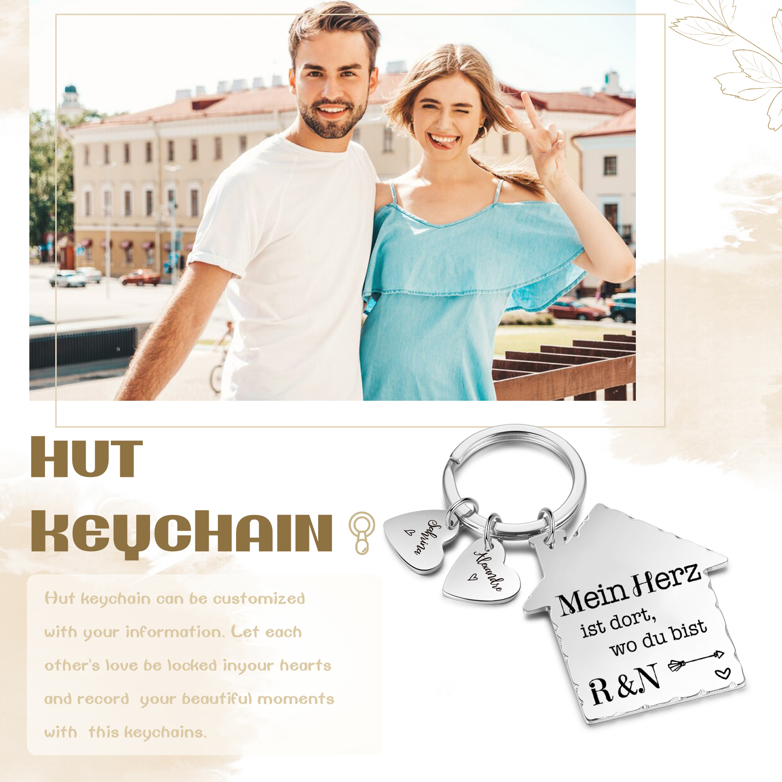 Personalisierbare 2 Namen & 2 Buchtaben Hausform Schlüsselanhänger - Mein Herz ist dort wo du bist - Geschenk für Paare