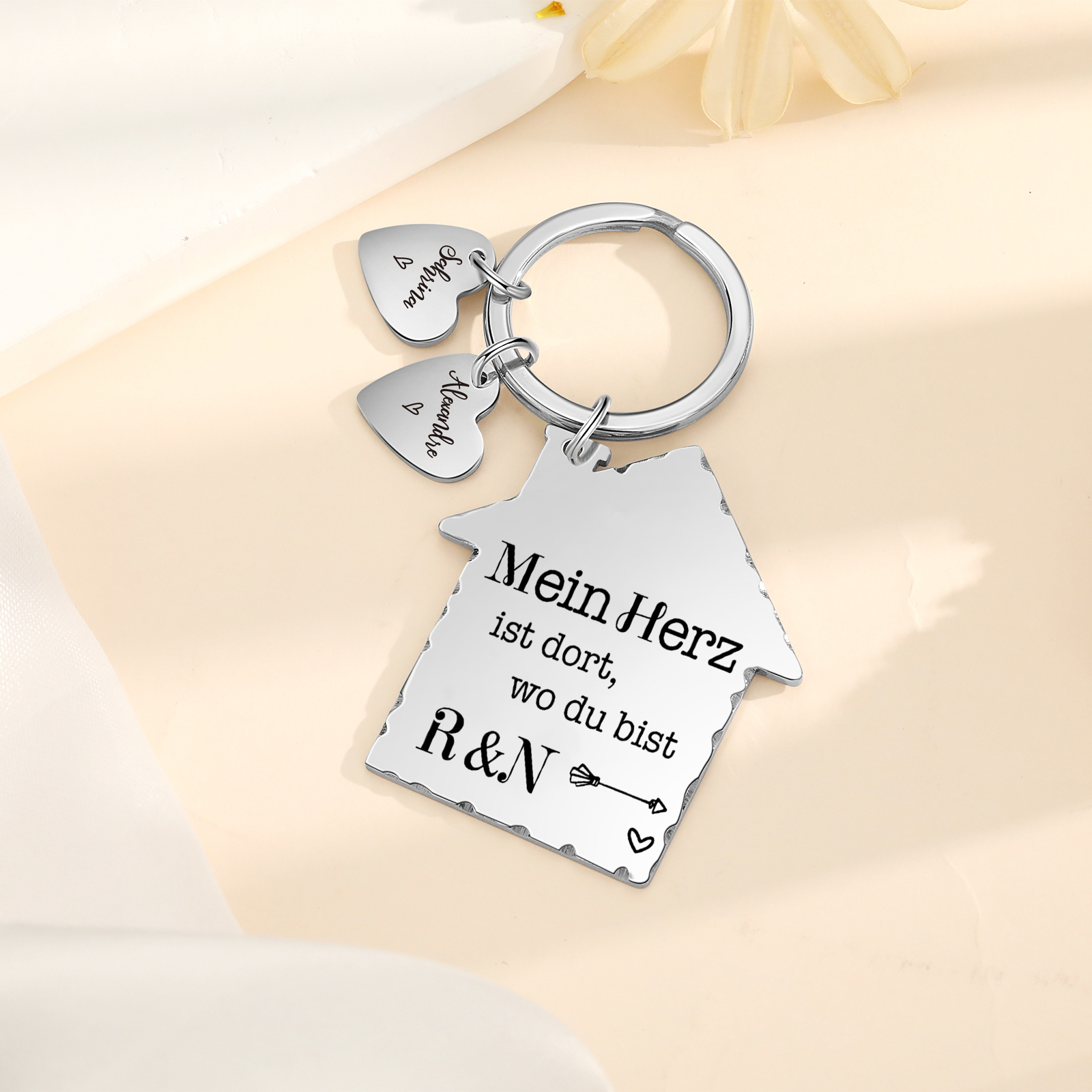 Personalisierbare 2 Namen & 2 Buchtaben Hausform Schlüsselanhänger - Mein Herz ist dort wo du bist - Geschenk für Paare