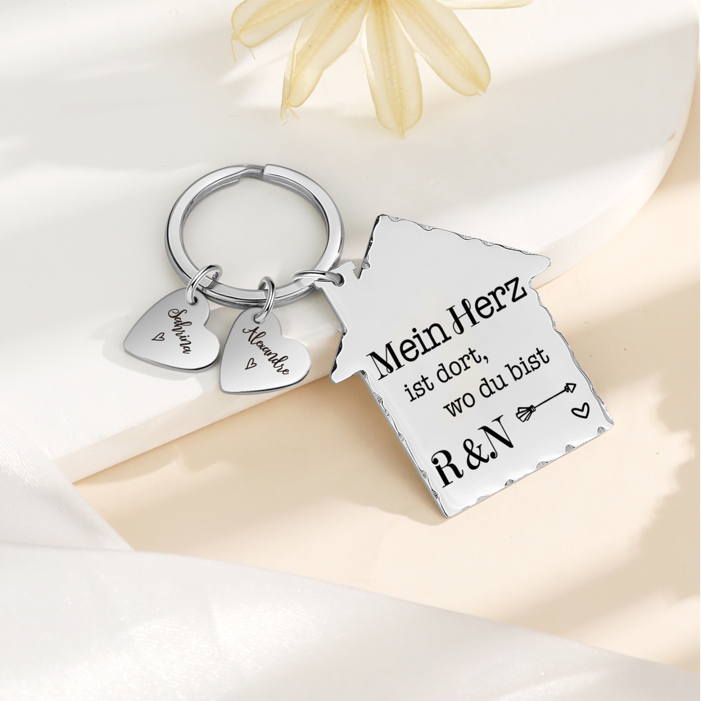 Personalisierbare 2 Namen & 2 Buchtaben Hausform Schlüsselanhänger - Mein Herz ist dort wo du bist - Geschenk für Paare