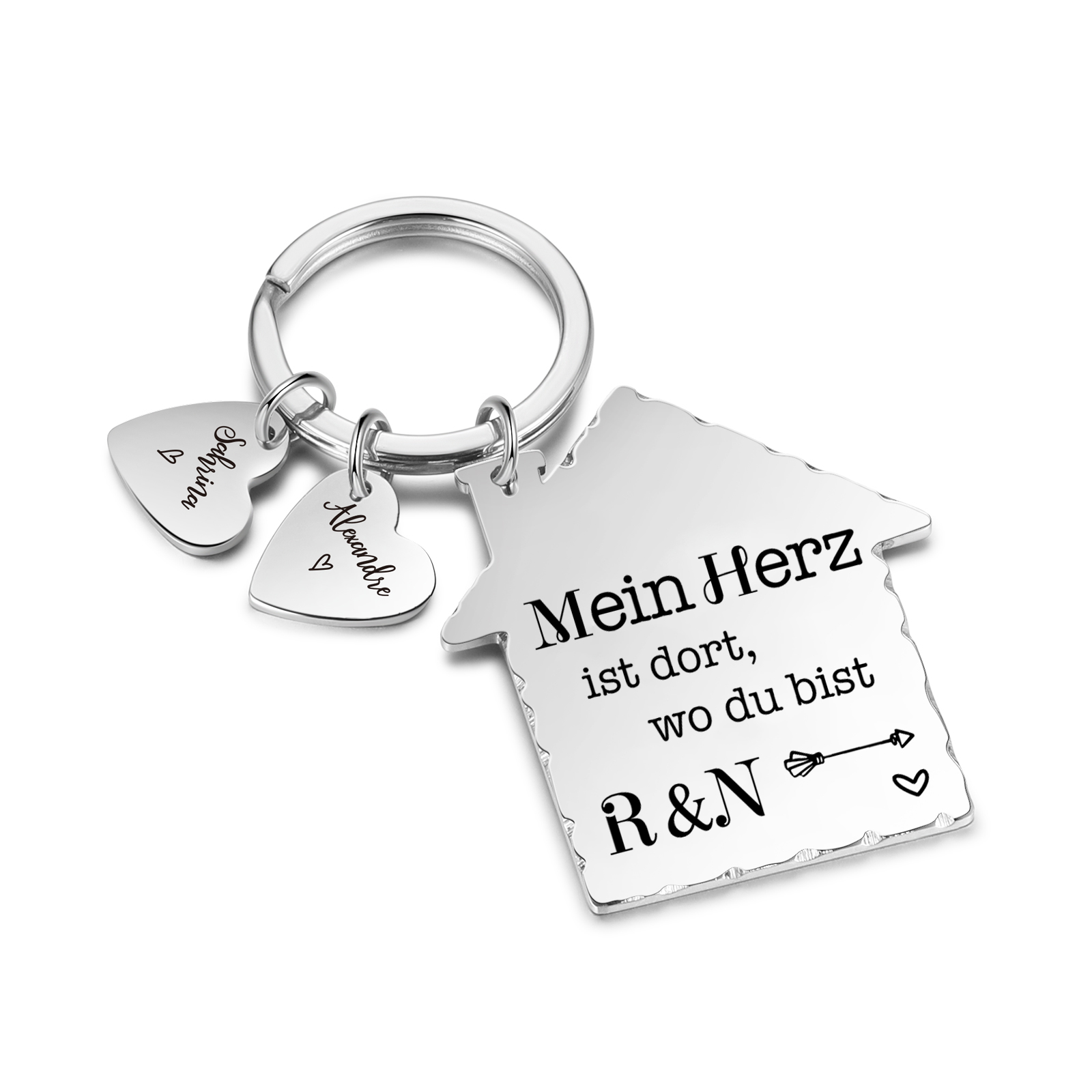Personalisierbare 2 Namen & 2 Buchtaben Hausform Schlüsselanhänger - Mein Herz ist dort wo du bist - Geschenk für Paare