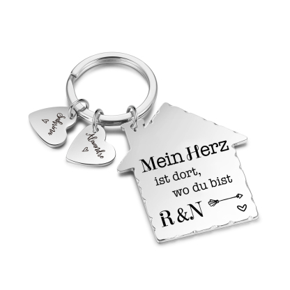 Personalisierbare 2 Namen & 2 Buchtaben Hausform Schlüsselanhänger - Mein Herz ist dort wo du bist - Geschenk für Paare