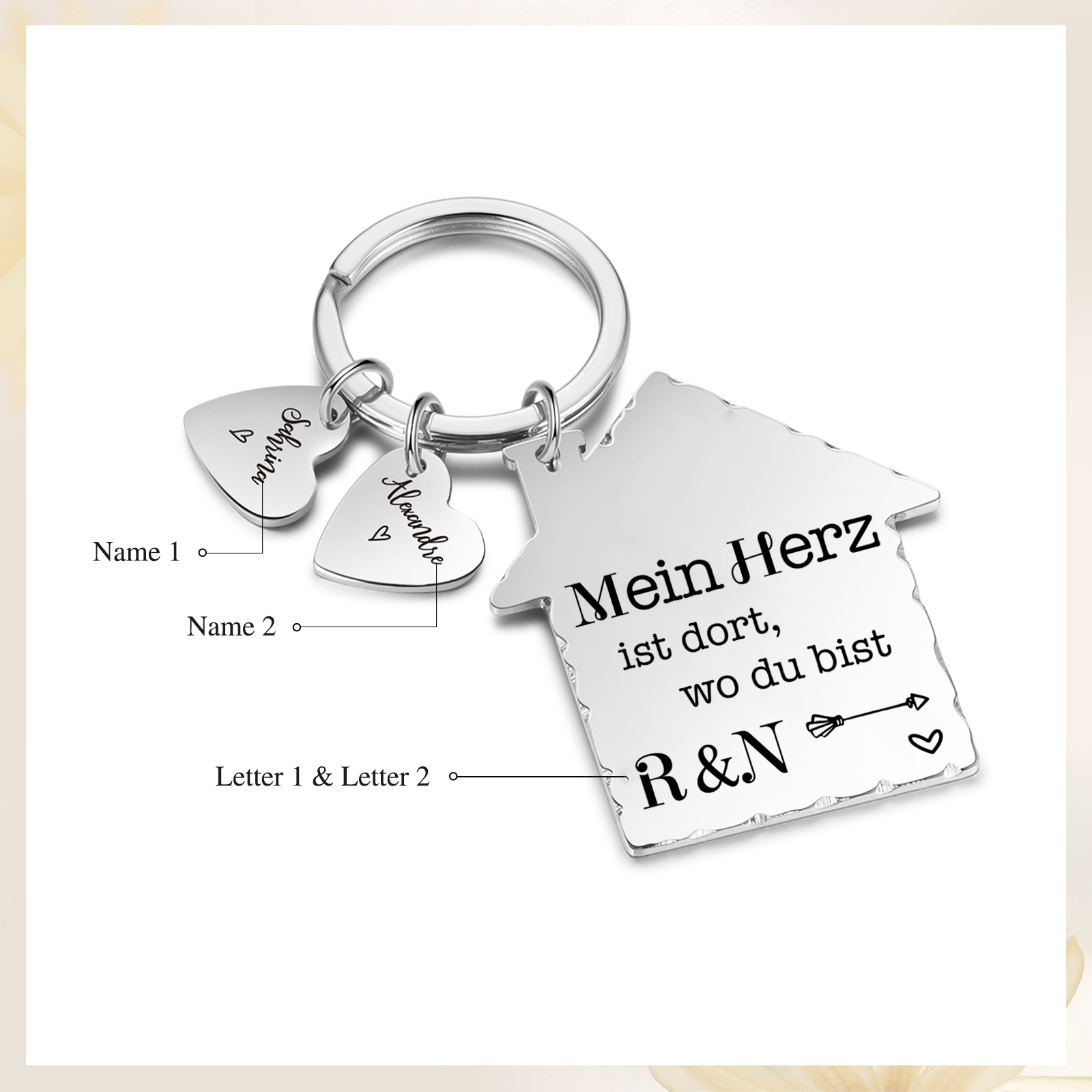 Personalisierbare 2 Namen & 2 Buchtaben Hausform Schlüsselanhänger - Mein Herz ist dort wo du bist - Geschenk für Paare