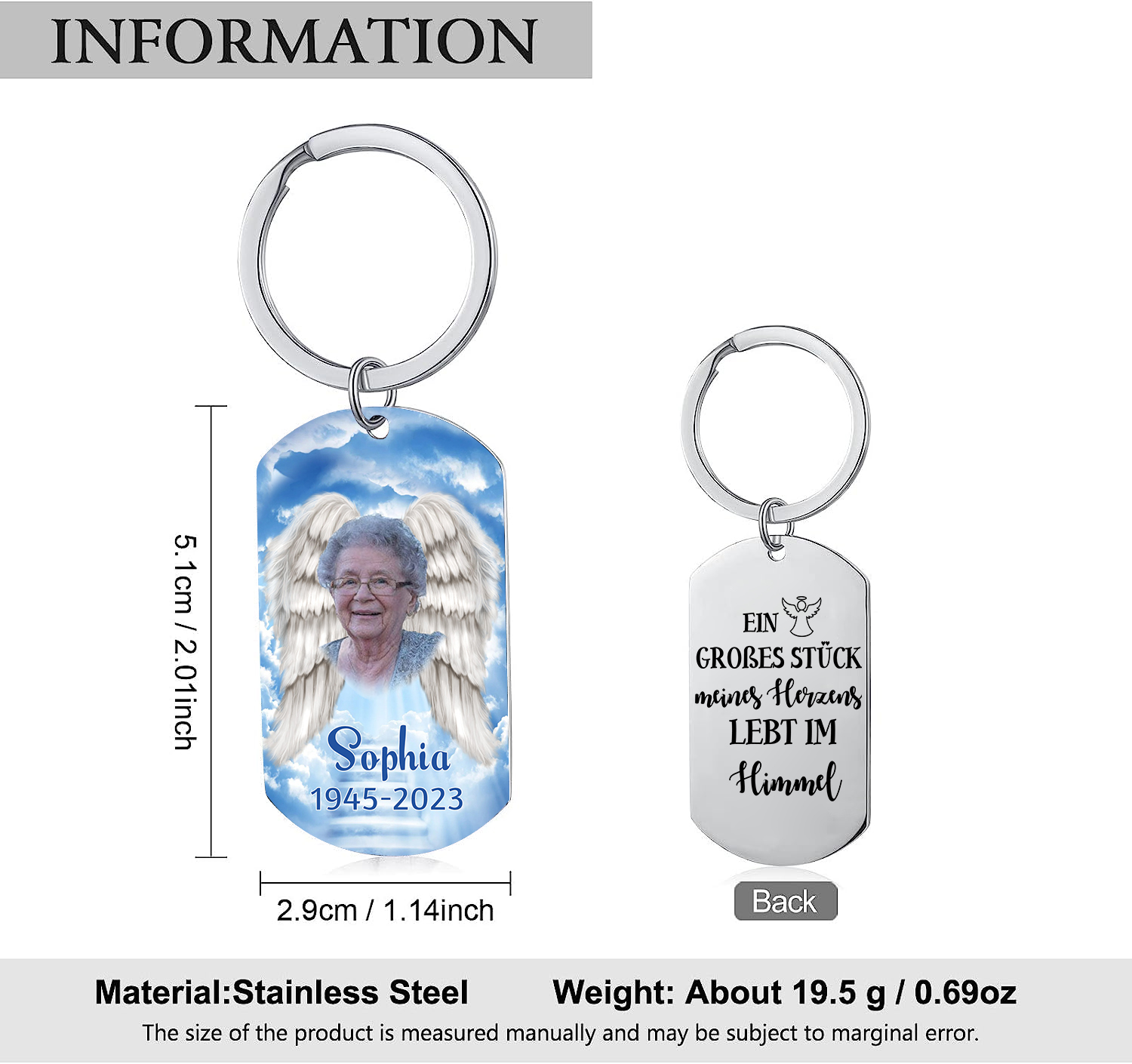 Personalisierbares Foto Trauer Schlüsselanhänger-Ein großes Stück meines Herzens lebt im Himmel-Andenken Schlüsselanhänger