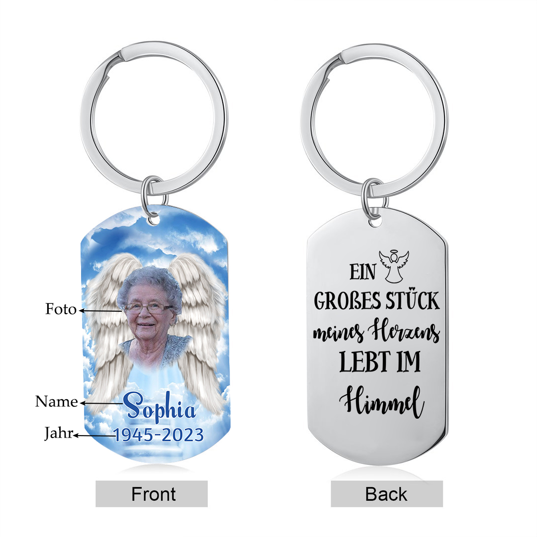 Personalisierbares Foto Trauer Schlüsselanhänger-Ein großes Stück meines Herzens lebt im Himmel-Andenken Schlüsselanhänger